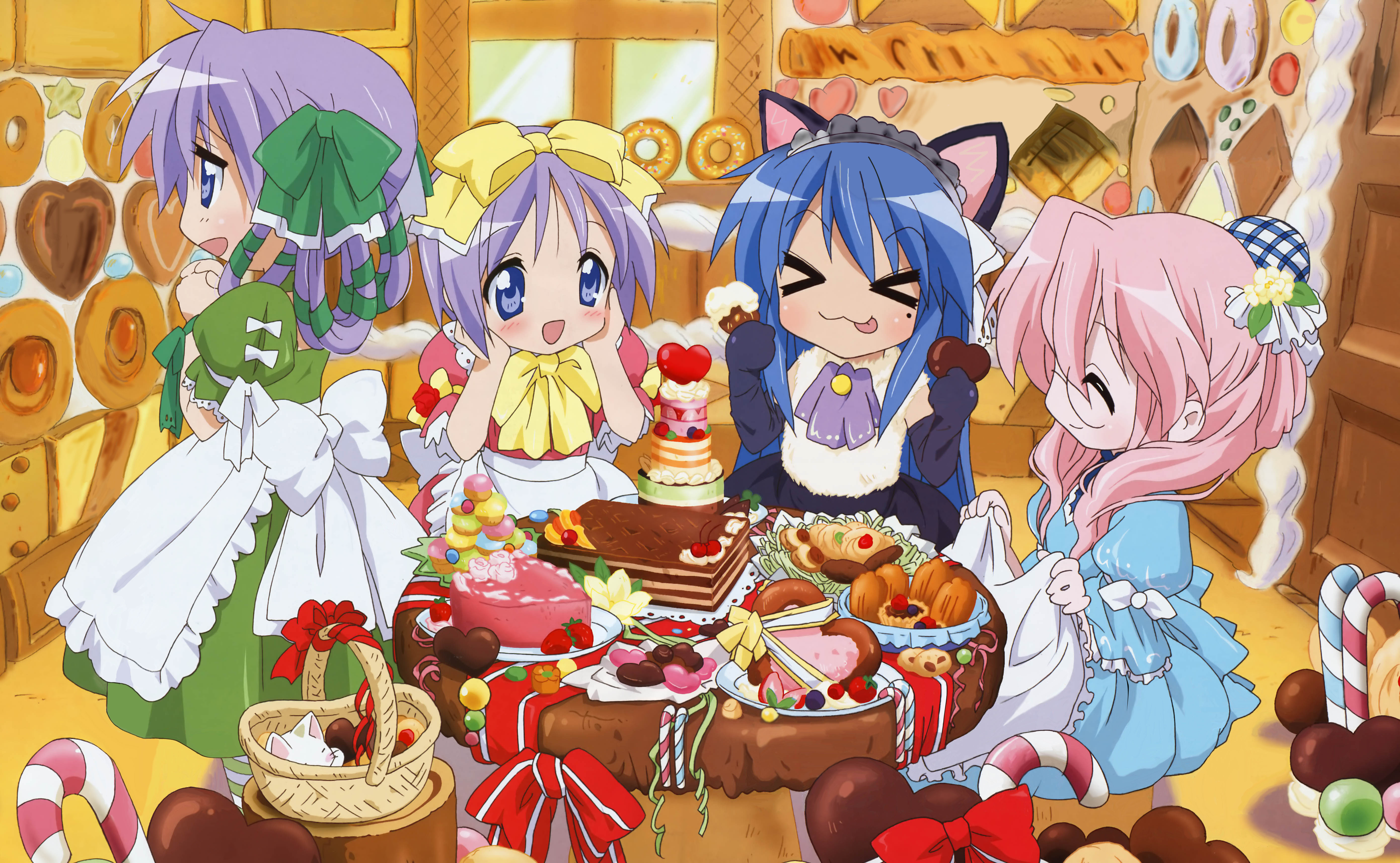 nyamo, hiiragi kagami, hiiragi tsukasa, izumi konata, nyamou, takara miyuki, lucky star, absurdres, highres, > <, 00s, 4girls, :3, :p, animal ears, basket, berry, cake, candy, candy cane, cat ears, cathead, cherry, chocolate, chocolate heart, closed eyes, cookie, donut, feast, food, fruit, heart, kitchen, mole, mole under eye, multiple girls, pastry, ribbon, tongue, tongue out, x3
