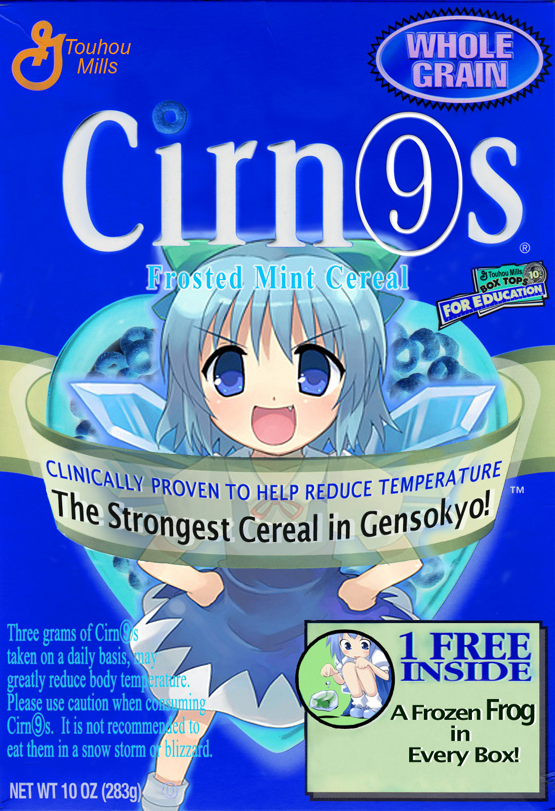 cirno, touhou, highres, 1girl, blue hair, cereal, circled 9, dress, english text, female focus, frog, hands on own hips, solo