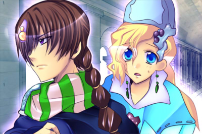 leonora, palom, final fantasy, final fantasy iv, final fantasy iv: the after years, lowres, 1990s (style), 1boy, 1girl, blonde hair, blue eyes, braid, brown eyes, brown hair, closed mouth, earrings, eyebrows hidden by hair, facing another, hair between eyes, hair ornament, hair over one eye, hair tie, hand up, hat, indoors, jewelry, long hair, looking at another, looking to the side, one eye covered, parted lips, pillar, retro artstyle, robe, room, scarf, tongue, upper body