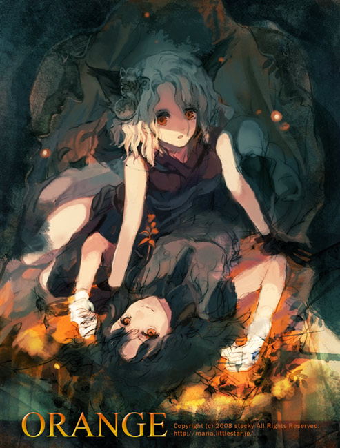 stecky, 2girls, animal ears, black hair, gloves, hair ornament, multiple girls, orange eyes, white hair