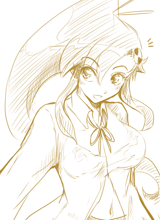 soyoking, yoko littner, tengen toppa gurren lagann, eyebrows, looking away, 00s, 1girl, :d, blush, female focus, hair between eyes, hair ornament, long hair, long sleeves, monochrome, navel, neck ribbon, open mouth, ponytail, ribbon, simple background, sketch, skull hair ornament, smile, solo, upper body, white background, yellow theme