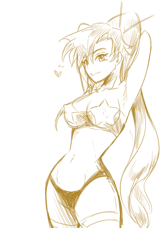 soyoking, yoko littner, tengen toppa gurren lagann, 00s, 1girl, breasts, covered erect nipples, female focus, heart, long hair, midriff, monochrome, ponytail, solo, very long hair, yellow theme
