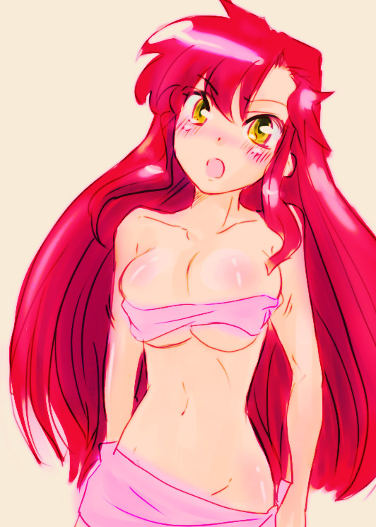 soyoking, yoko littner, tengen toppa gurren lagann, 00s, blush, breasts, large breasts, long hair, midriff, open mouth, red hair, solo, towel, yellow eyes