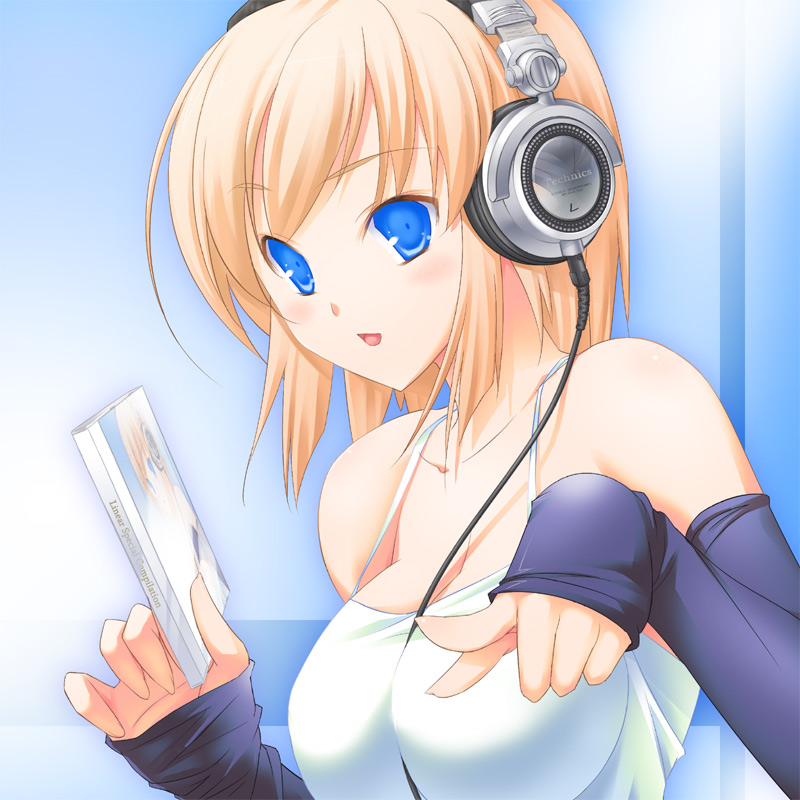 47agdragon, original, between breasts, blonde hair, blue eyes, breasts, camisole, cleavage, detached sleeves, headphones, large breasts, music, pointing, short hair, solo
