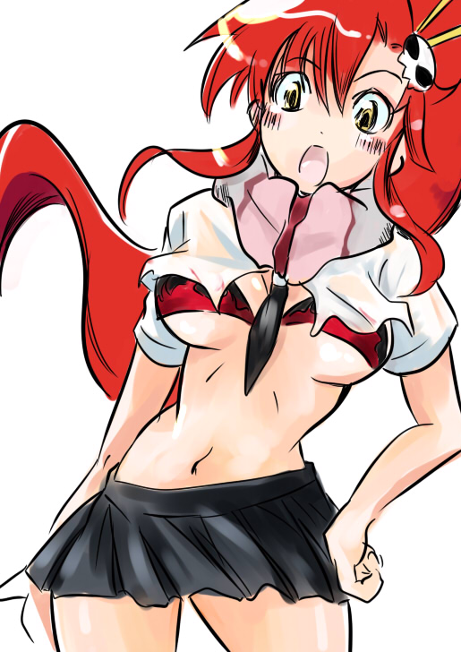 soyoking, yoko littner, tengen toppa gurren lagann, 00s, bikini, bikini top only, blush, hand on own hip, hip focus, long hair, midriff, miniskirt, ponytail, red hair, skirt, solo, swimsuit, yellow eyes
