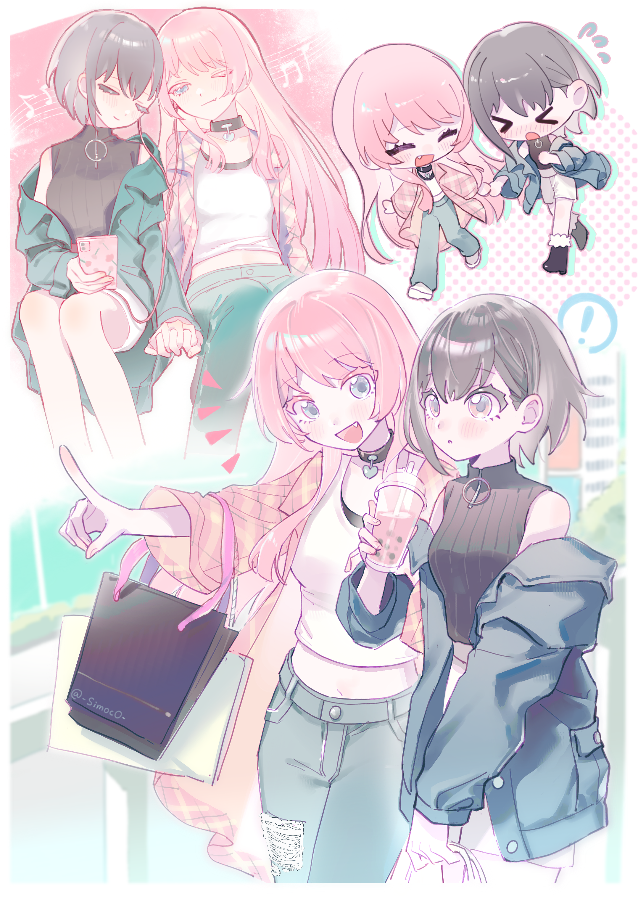 simoco, chihaya anon, takamatsu tomori, bang dream!, bang dream! it's mygo!!!!!, absurdres, commentary, highres, symbol-only commentary, !, > <, 2girls, artist name, bag, black choker, black shirt, blue jacket, blue pants, cellphone, choker, closed eyes, closed mouth, denim, earphones, eighth note, fang, flying sweatdrops, grey eyes, grey hair, holding, holding hands, holding phone, interlocked fingers, jacket, jeans, long hair, multiple girls, musical note, musical staff, one eye closed, open mouth, pants, phone, pink eyes, pink hair, shared earphones, shirt, shopping bag, short hair, sleeveless, sleeveless shirt, smartphone, smile, tank top, thick eyelashes, white tank top, yuri