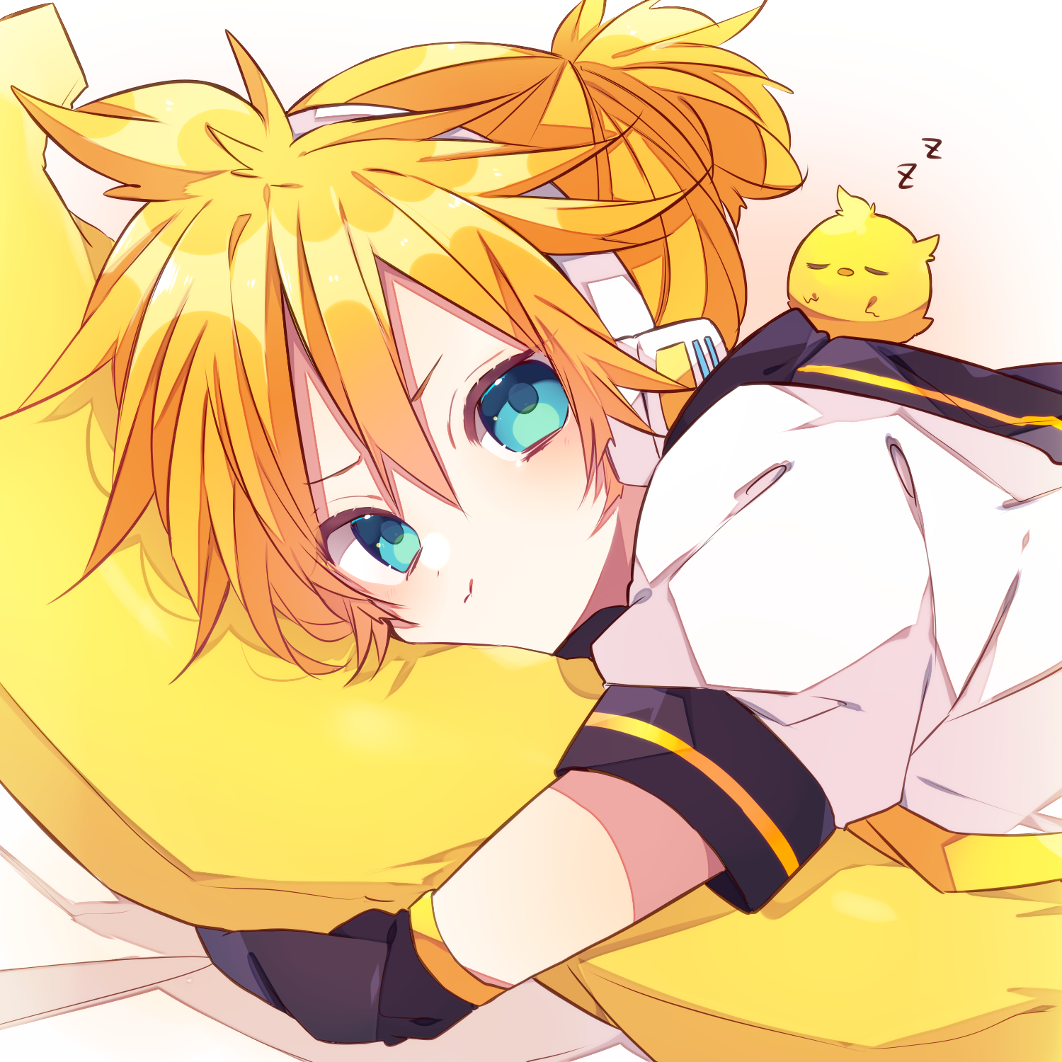 kaho 0102, kagamine len, vocaloid, commentary request, highres, 1boy, arm warmers, banana, bird, black sailor collar, blonde hair, blue eyes, closed mouth, double-parted bangs, food, fruit, hair between eyes, headset, looking at viewer, lying, male focus, necktie, on stomach, sailor collar, shirt, short hair, short sleeves, solo, upper body, white shirt, yellow necktie, zzz