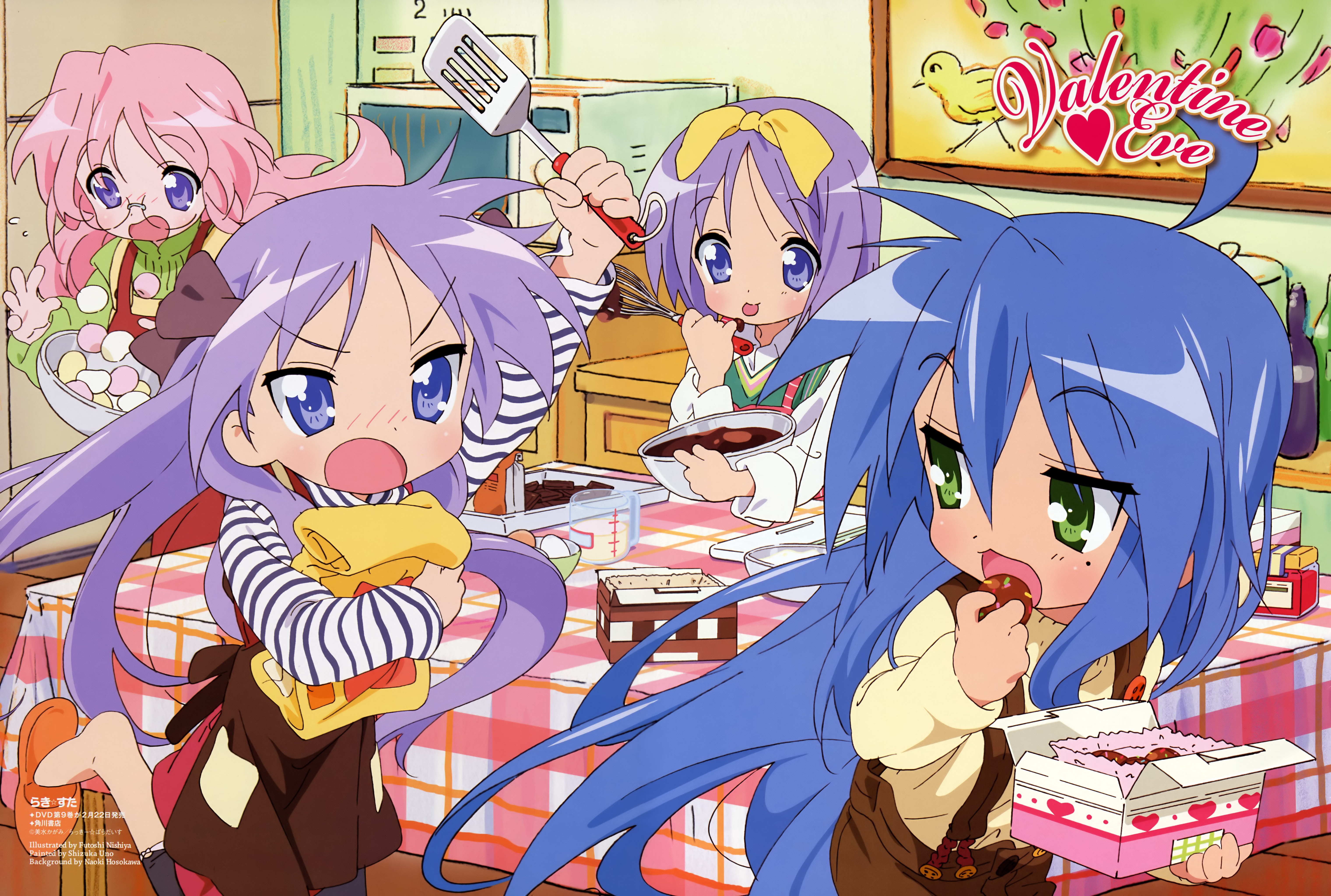 nishiya futoshi, hiiragi kagami, hiiragi tsukasa, izumi konata, takara miyuki, animage, lucky star, absurdres, highres, official art, scan, 00s, 4girls, chocolate, cooking, feet, kitchen, mole, mole under eye, multiple girls, no socks, ribbon, shoe dangle, valentine