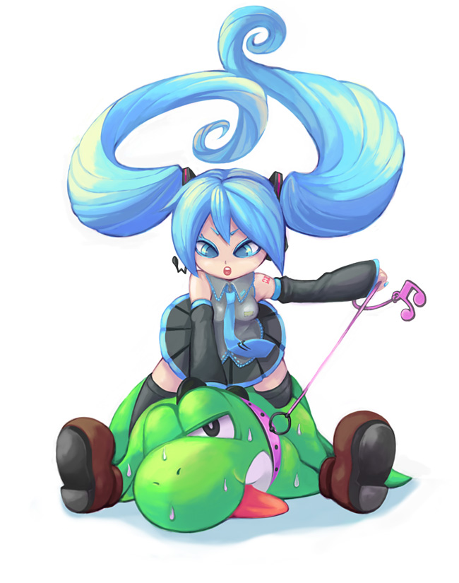 kty (04), hatsune miku, yoshi, mario (series), nintendo, vocaloid, blue eyes, blue hair, collar, crossover, detached sleeves, femdom, headphones, leash, long hair, necktie, skirt, sweat, thighhighs, tongue, twintails, very long hair