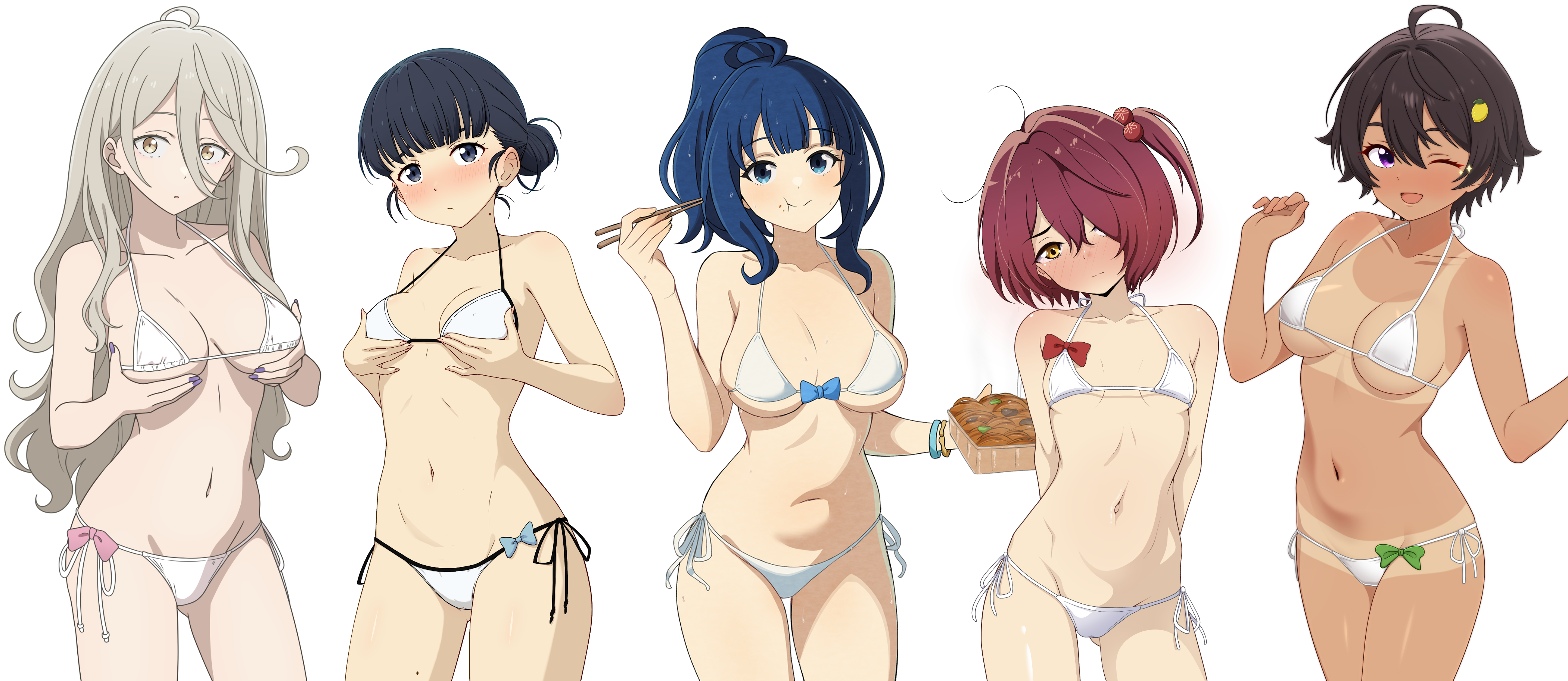 coro fae, dullahan (alekey art), ecjhonny89, kagironsfw, roswell ss, basori tiara, komari chika, shikiya yumeko, yakishio lemon, yanami anna, make heroine ga oo sugiru!, absurdres, artist collaboration, commentary, english commentary, highres, 5girls, ;d, arms behind back, bikini, black hair, black nails, blue eyes, blue hair, blush, breasts, chopsticks, cleavage, closed mouth, dark-skinned female, dark skin, eating, embarrassed, food-themed hair ornament, gluteal fold, grabbing own breast, hair between eyes, hair bun, hair ornament, hair over one eye, holding, holding chopsticks, large breasts, lemon hair ornament, long hair, long hair between eyes, looking at viewer, medium hair, mole, mole on neck, multiple girls, navel, one eye closed, one side up, open mouth, ponytail, purple eyes, red hair, school uniform, short hair, side-tie bikini bottom, small breasts, smile, stomach, swimsuit, tan, tanline, white background, white bikini, yakisoba, yellow eyes
