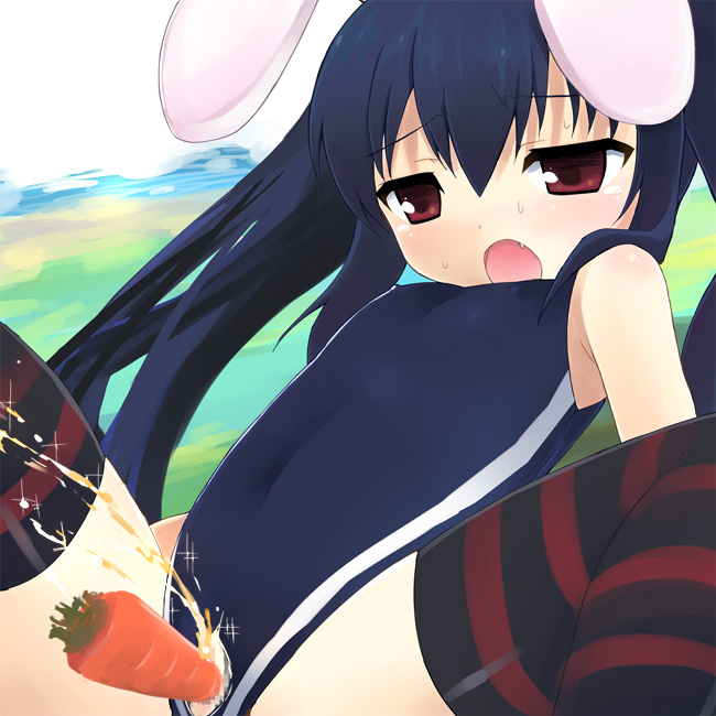 otoutogimi, kooh (pangya), pangya, bad id, bad pixiv id, 1girl, animal ears, blue hair, blue one-piece swimsuit, carrot, censored, covered erect nipples, dildo, fang, female focus, flat chest, food, food insertion, loli, mosaic censoring, object insertion, one-piece swimsuit, open mouth, pee, peeing, pussy, rabbit ears, red eyes, sex toy, solo, spread legs, striped clothes, striped thighhighs, sweat, swimsuit, thighhighs, torn clothes, torn swimsuit, vaginal, vaginal object insertion