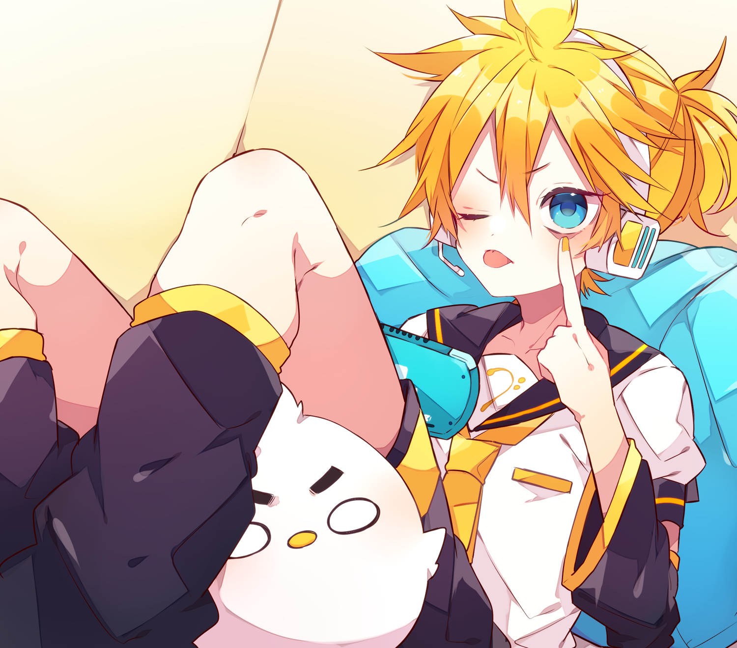 kaho 0102, kagamine len, vocaloid, commentary request, highres, 1boy, akanbe, arm warmers, bass clef, bird, black sailor collar, black shorts, blonde hair, blue eyes, closed mouth, double-parted bangs, eyelid pull, feet out of frame, hair between eyes, headset, leg warmers, looking at viewer, male focus, necktie, nintendo switch lite, pillow, sailor collar, shirt, short hair, short sleeves, shorts, sitting, solo, tongue, tongue out, v-shaped eyebrows, white shirt, yellow necktie