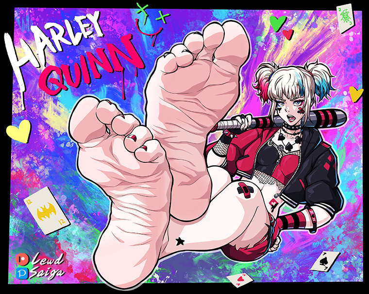 lewdsaiga, harley quinn, dc comics, suicide squad isekai, commentary, english commentary, 1girl, barefoot, baseball bat, blonde hair, blue eyes, blue hair, bracelet, feet, fingerless gloves, gloves, holding, holding baseball bat, jewelry, multicolored hair, open mouth, red hair, red lips, soles, solo, spiked bracelet, spikes, toes, twintails