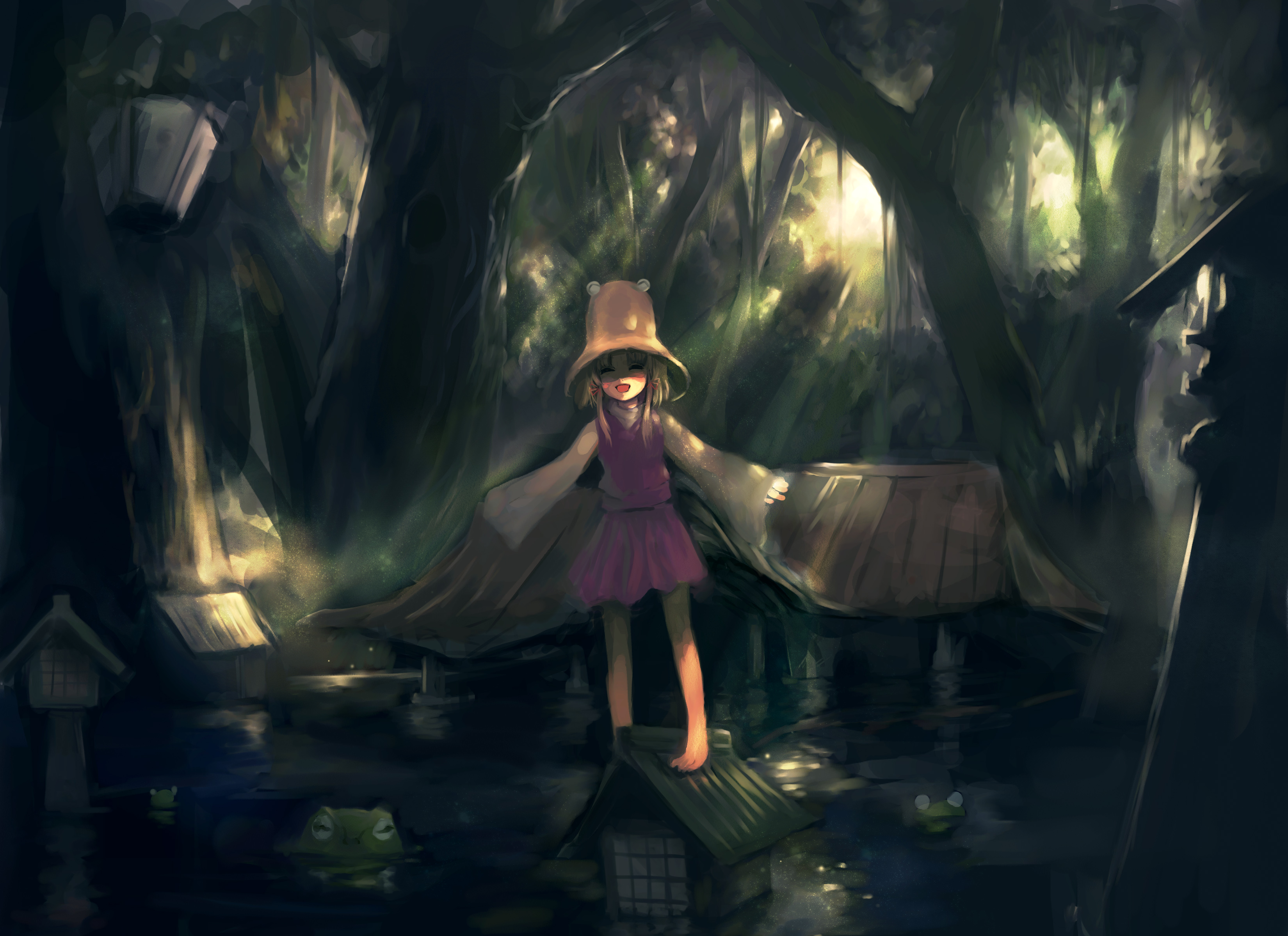 hei (artist), hei (qijuzi), moriya suwako, touhou, absurdres, highres, 1girl, female focus, forest, frog, hat, nature, outdoors, plant, shaded face, skirt, solo, standing