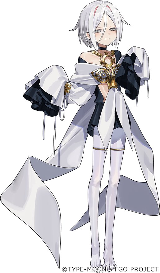 itefu, fate/grand order, fate (series), official art, 1boy, collarbone, dove (fate), dress, grey eyes, jewelry, looking at viewer, pantyhose, short hair, solo, white dress, white hair, white pantyhose