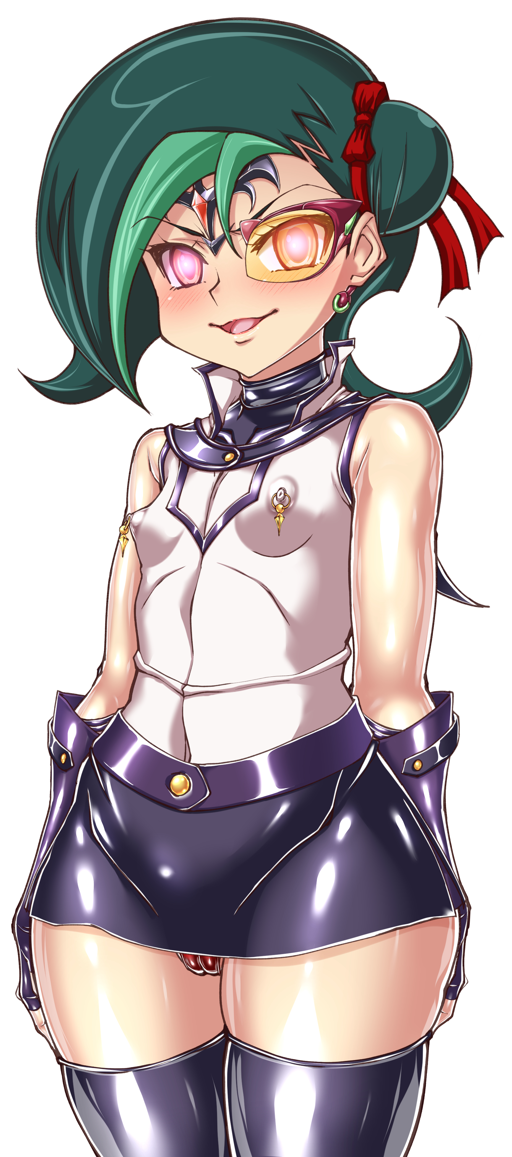 hajime shindo, mizuki kotori (yu-gi-oh!), yu-gi-oh!, yu-gi-oh! zexal, yuu-gi-ou, yuu-gi-ou zexal, absurdres, highres, 1girl, alternate color, barian emblem, blush, boots, breasts, brown eyes, cameltoe, corruption, curvy, d-gazer, duel academy uniform (yu-gi-oh! gx), female focus, fingerless gloves, glasses, gloves, glowing, glowing eyes, green hair, looking at viewer, mind control, miniskirt, multicolored hair, partially visible vulva, shiny skin, short hair, skirt, small breasts, smile, solo, standing, sweat, thigh boots, thighhighs, two-tone hair, underwear, white background
