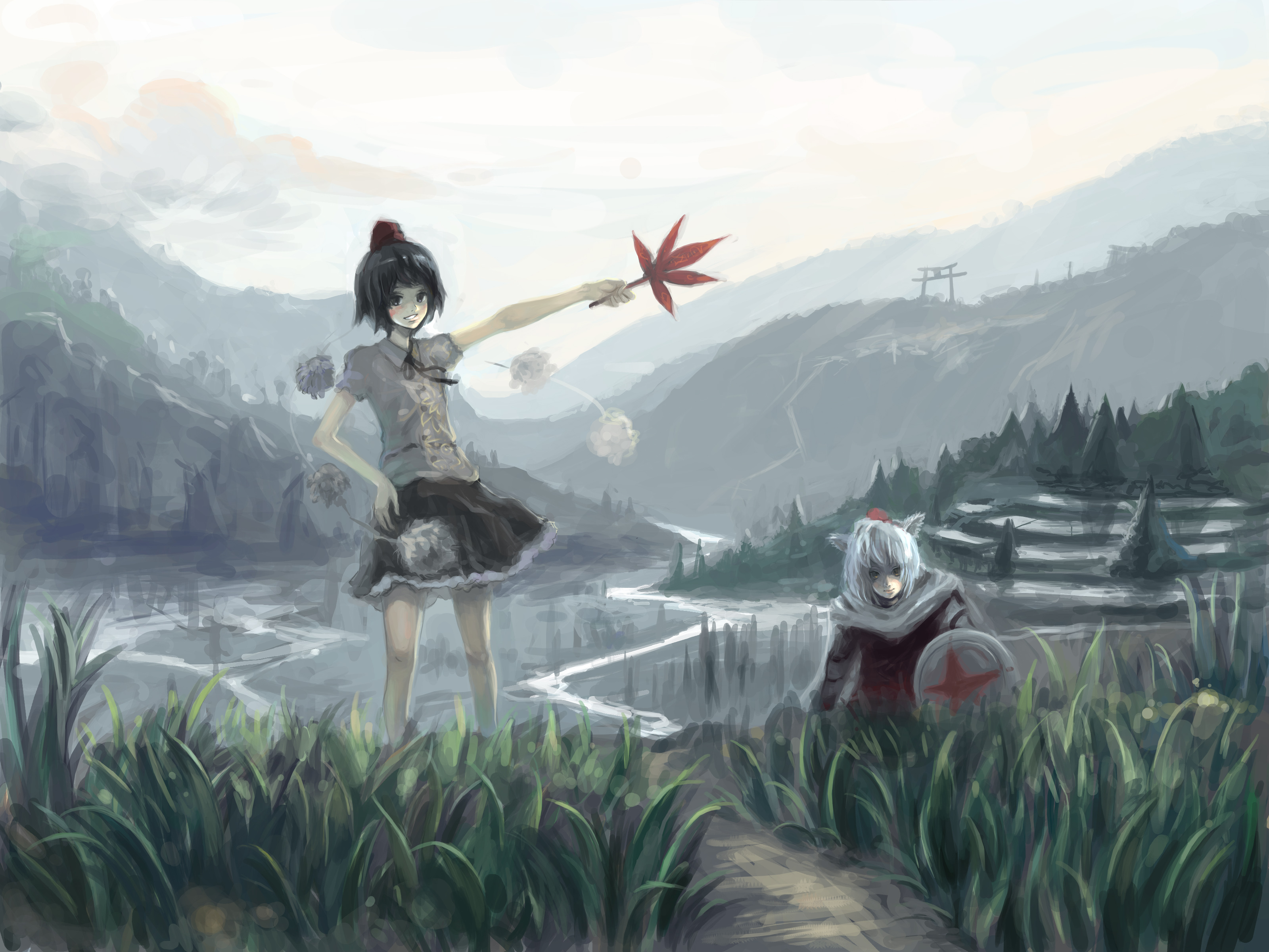hei (artist), hei (qijuzi), inubashiri momiji, shameimaru aya, touhou, absurdres, highres, 2girls, alternate costume, blouse, cloud, female focus, hand fan, hand on own hip, hat, holding, holding fan, mountainous horizon, multiple girls, outdoors, plant, pom pom (clothes), scenery, shirt, sky, standing, torii, tree, water, white shirt