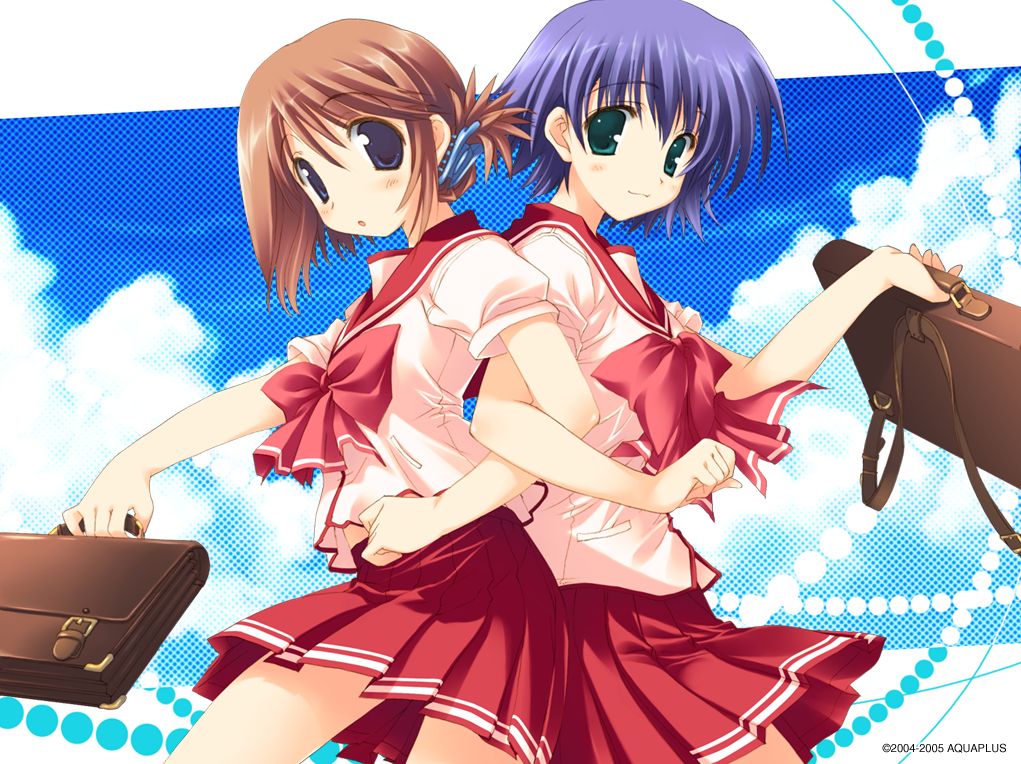 amazuyu tatsuki, mitsumi misato, komaki manaka, tonami yuma, to heart (series), to heart 2, to heart 2 ad, 00s, 2girls, back-to-back, bag, blue hair, brown hair, folded ponytail, hair ornament, hairclip, multiple girls, school uniform, serafuku