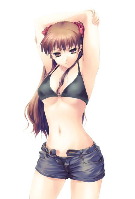 ogata rina, white album, white album (series), 1girl, black panties, bra, breasts, brown eyes, brown hair, cowboy shot, denim, denim shorts, female focus, hair ribbon, lingerie, long hair, open fly, panties, ribbon, shorts, solo, stretching, underboob, underwear, unzipped