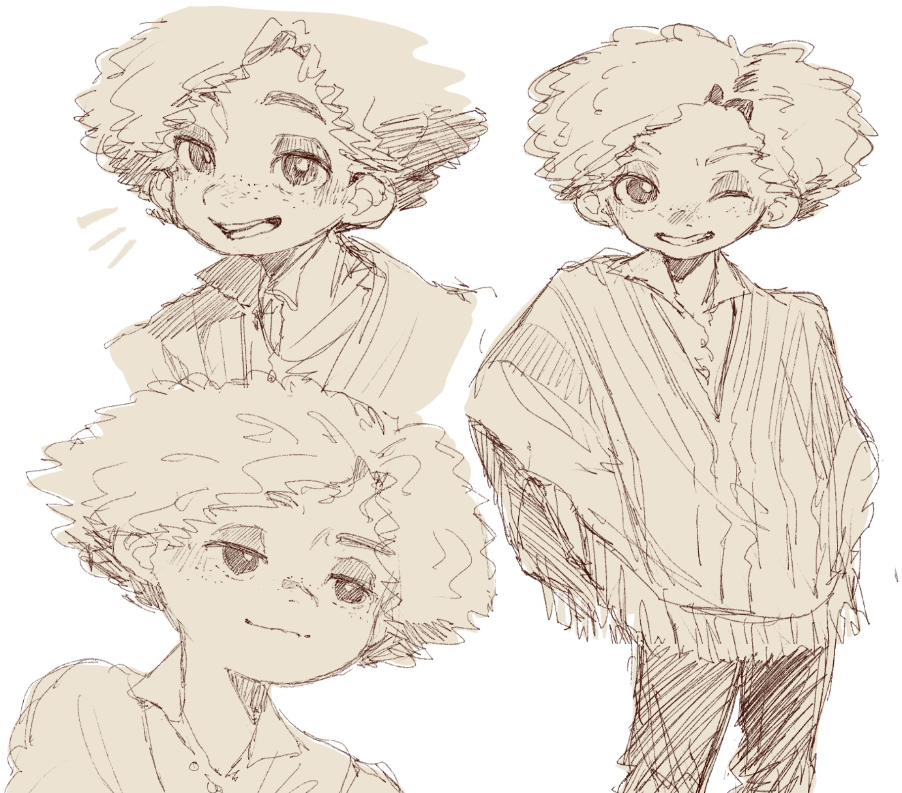 egdk7454, camilo madrigal, encanto, highres, 1boy, afro, arepa, colombian clothes, curly hair, dark-skinned female, dark-skinned male, dark skin, multicolored hair, multiple boys, multiple persona, poncho, shirt, short hair, simple background, smile, streaked hair, white shirt