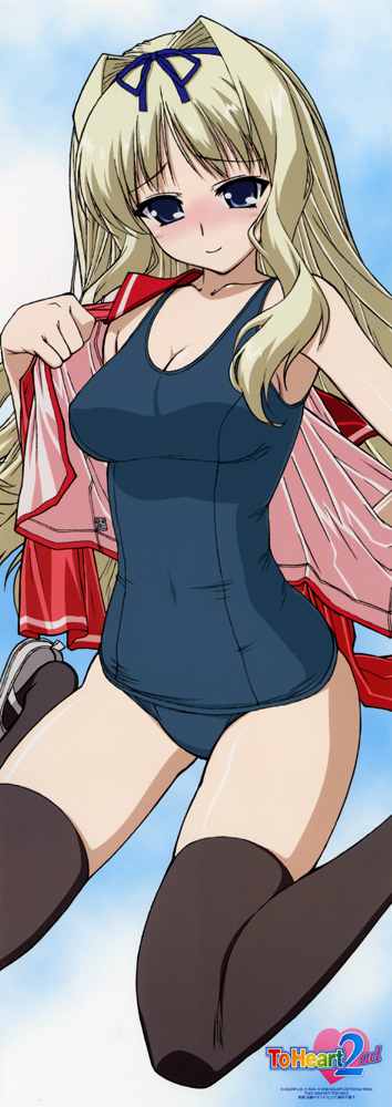 katou yasuhisa, kusugawa sasara, to heart (series), to heart 2, long image, tall image, 00s, 1girl, black thighhighs, blonde hair, blue eyes, blush, breasts, cleavage, female focus, hair ribbon, hairband, kneeling, large breasts, long hair, no pants, one-piece swimsuit, open clothes, open shirt, ribbon, school swimsuit, school uniform, serafuku, shirt, shoes, smile, solo, stick poster, swimsuit, swimsuit under clothes, thighhighs, undressing