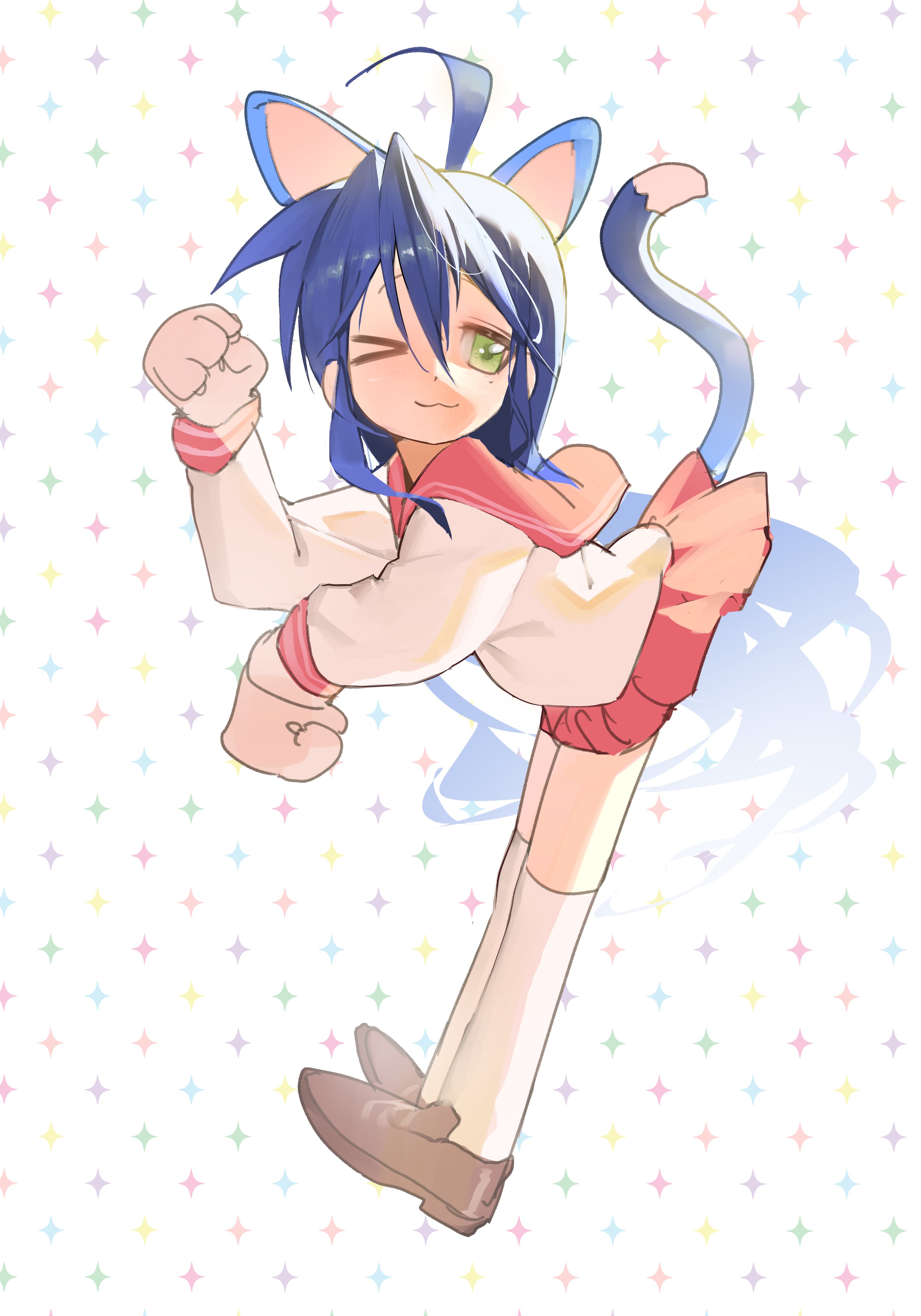 hakun (hak kun), izumi konata, lucky star, absurdres, highres, 1girl, :3, ahoge, animal ears, animal hands, blue hair, brown shoes, cat ears, cat girl, cat paws, cat tail, green eyes, long hair, mole, mole under eye, one eye closed, paw pose, ryouou school uniform, school uniform, shoes, smile, socks, sparkle background, tail, white background, white socks