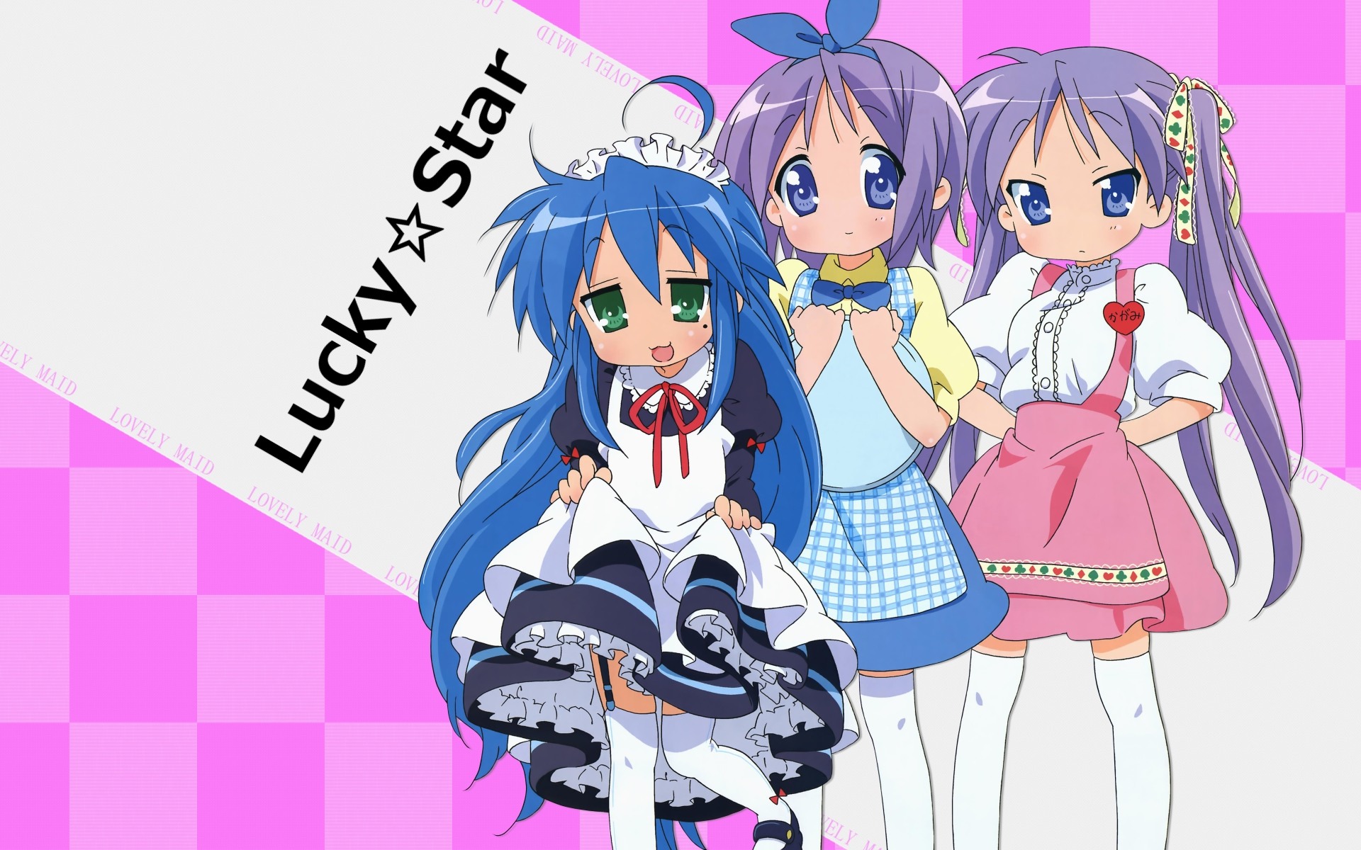 hiiragi kagami, hiiragi tsukasa, izumi konata, anna miller, lucky star, highres, non-web source, 00s, 3girls, :3, apron, clothes lift, mole, mole under eye, multiple girls, skirt, skirt lift, thighhighs, tray, waitress
