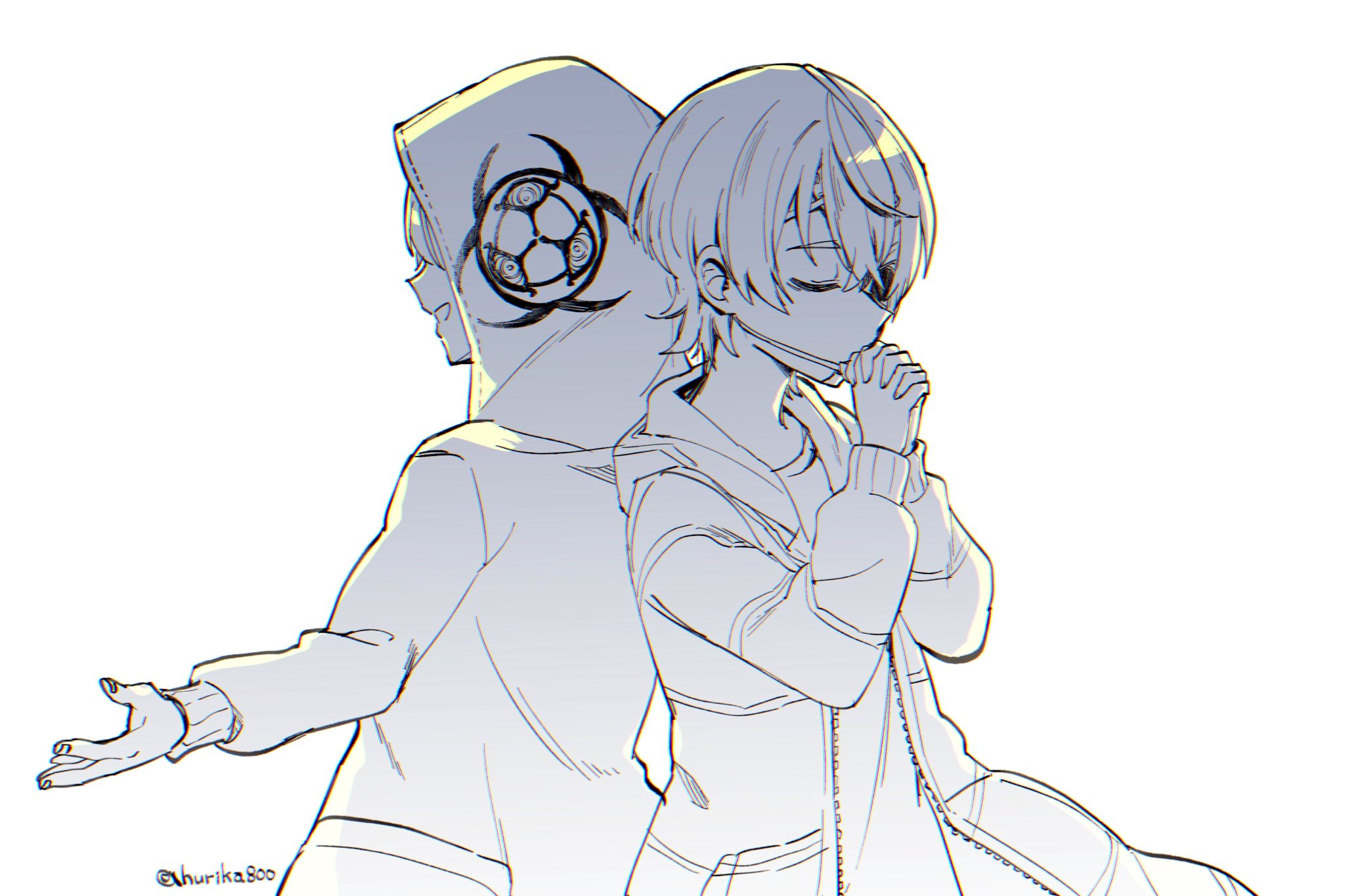 commentary, hashtag-only commentary, highres, 2girls, back-to-back, closed eyes, dual persona, greyscale, half mask, hurika800, interlocked fingers, jacket, mask, monochrome, multiple girls, open clothes, open jacket, outstretched arms, own hands clasped, own hands together, praying, rei shimobe, reverse trap, robe, shirt, short hair, shuten order, simple background, spread arms, twitter username
