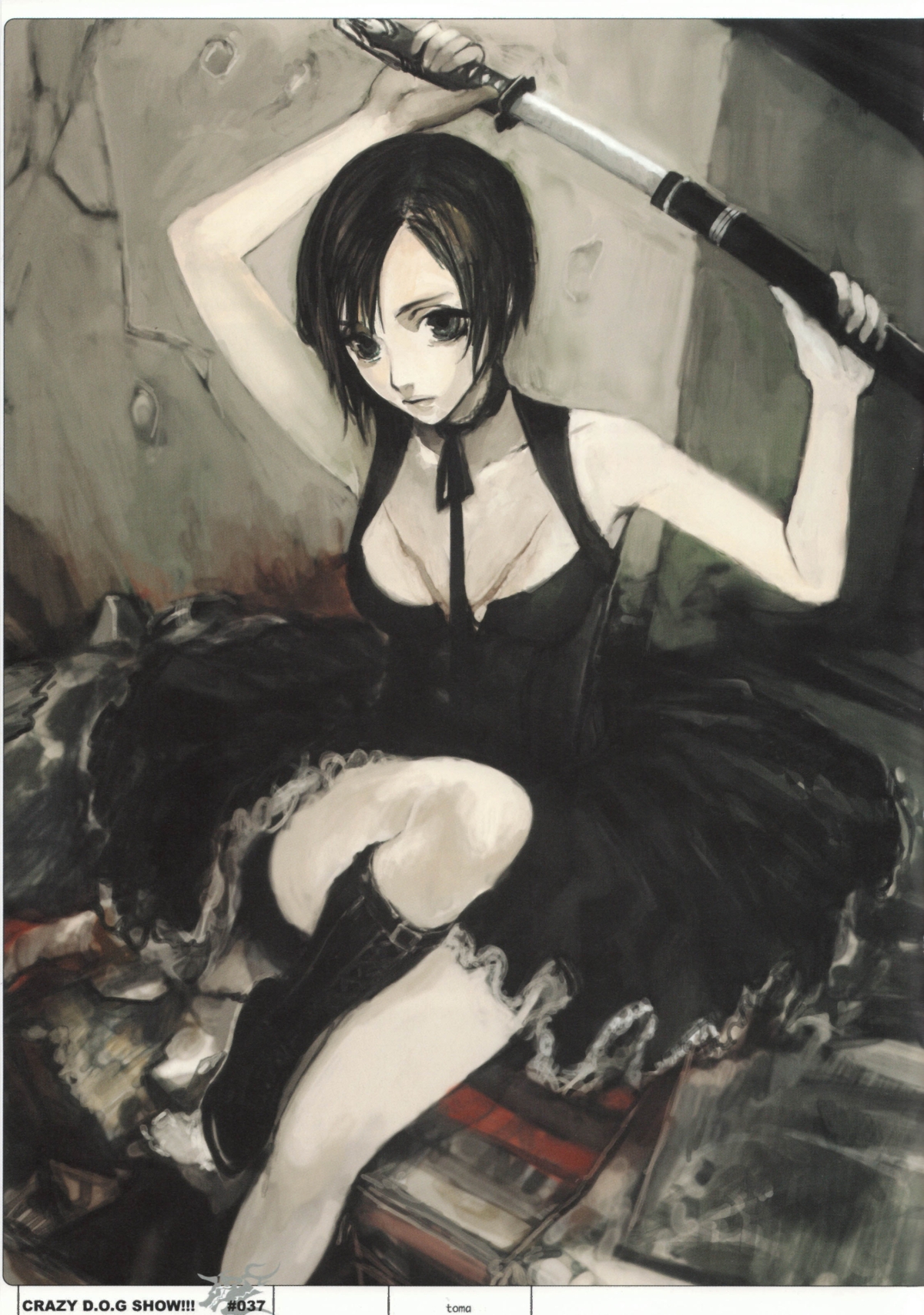 tomatika, fuyumine naoto, dogs: bullets & carnage, highres, 1girl, black eyes, black hair, boots, choker, dress, female focus, katana, scar, sheath, short hair, sitting, solo, sword, unsheathing, weapon