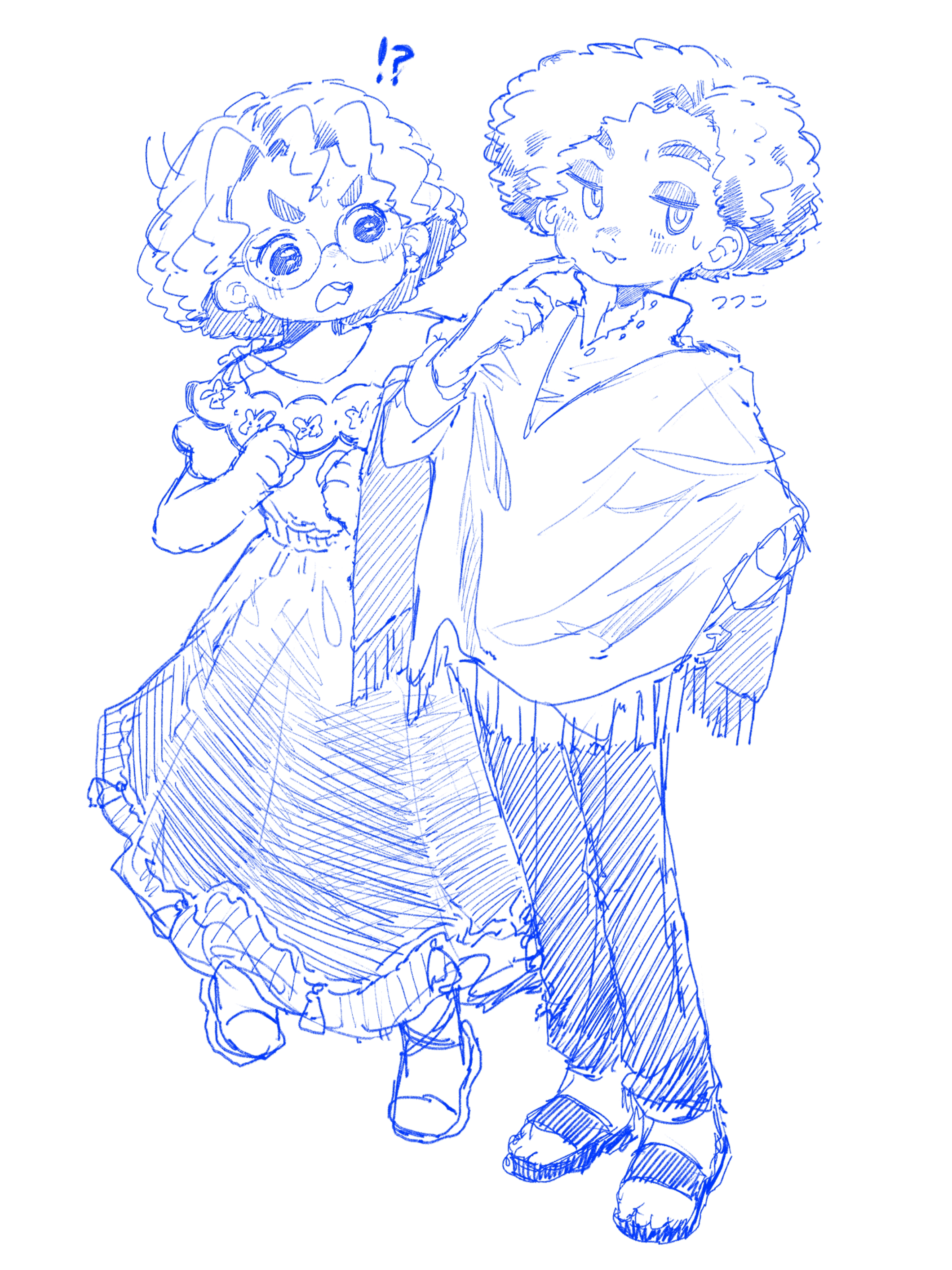 egdk7454, camilo madrigal, mirabel madrigal, encanto, absurdres, highres, 1boy, 1girl, afro, brown eyes, brown hair, colombian clothes, curly hair, dark-skinned female, dark-skinned male, dark skin, earrings, glasses, hourglass print, jewelry, pom pom (clothes), pom pom earrings, poncho, shirt, short hair, simple background, skirt, white shirt, yellow poncho