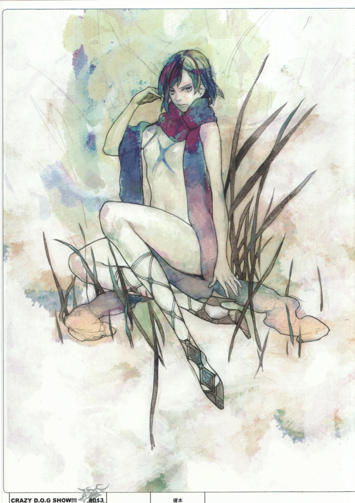 enomoto (bnd), fuyumine naoto, dogs: bullets & carnage, highres, 1girl, breasts, cross scar, female focus, high heels, medium breasts, scar, scarf, shoes, short hair, solo