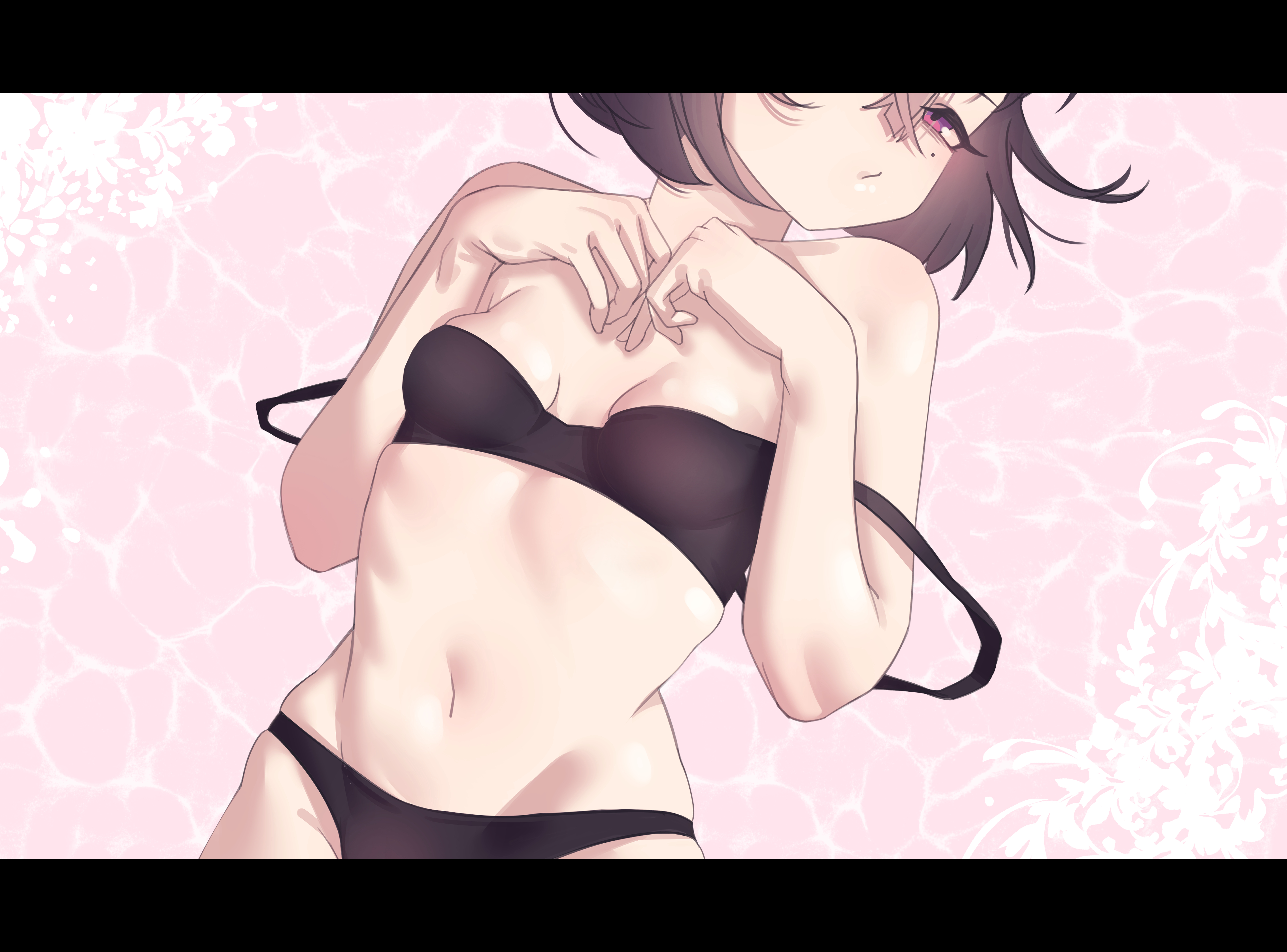 cchiii, syuen (nikke), goddess of victory: nikke, absurdres, commentary request, highres, korean commentary, 1girl, bare shoulders, black bra, black hair, black panties, bra, breasts, looking at viewer, mole, mole under eye, navel, panties, purple eyes, short hair, small breasts, solo, strap slip, underwear, underwear only