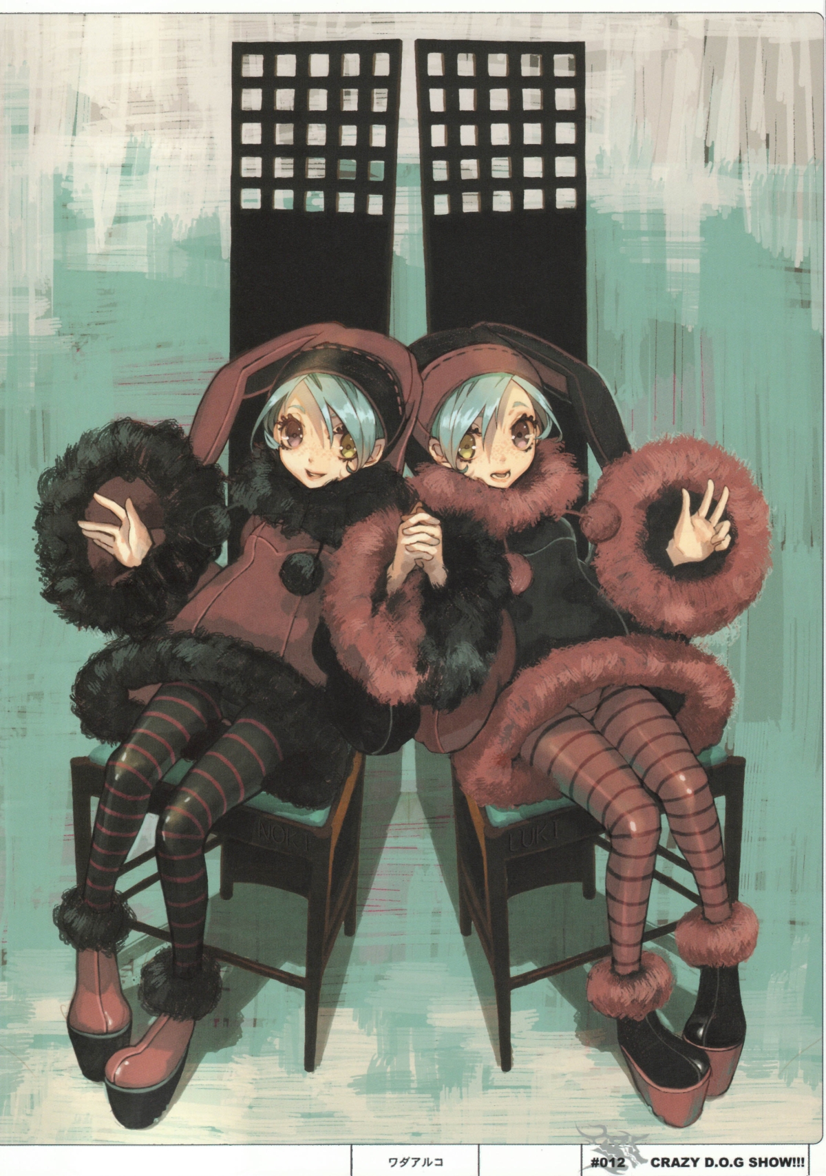 wada arco, luki, noki, dogs: bullets & carnage, black legwear, red legwear, striped legwear, highres, 2girls, holding hands, multiple girls, pantyhose, striped clothes, striped pantyhose