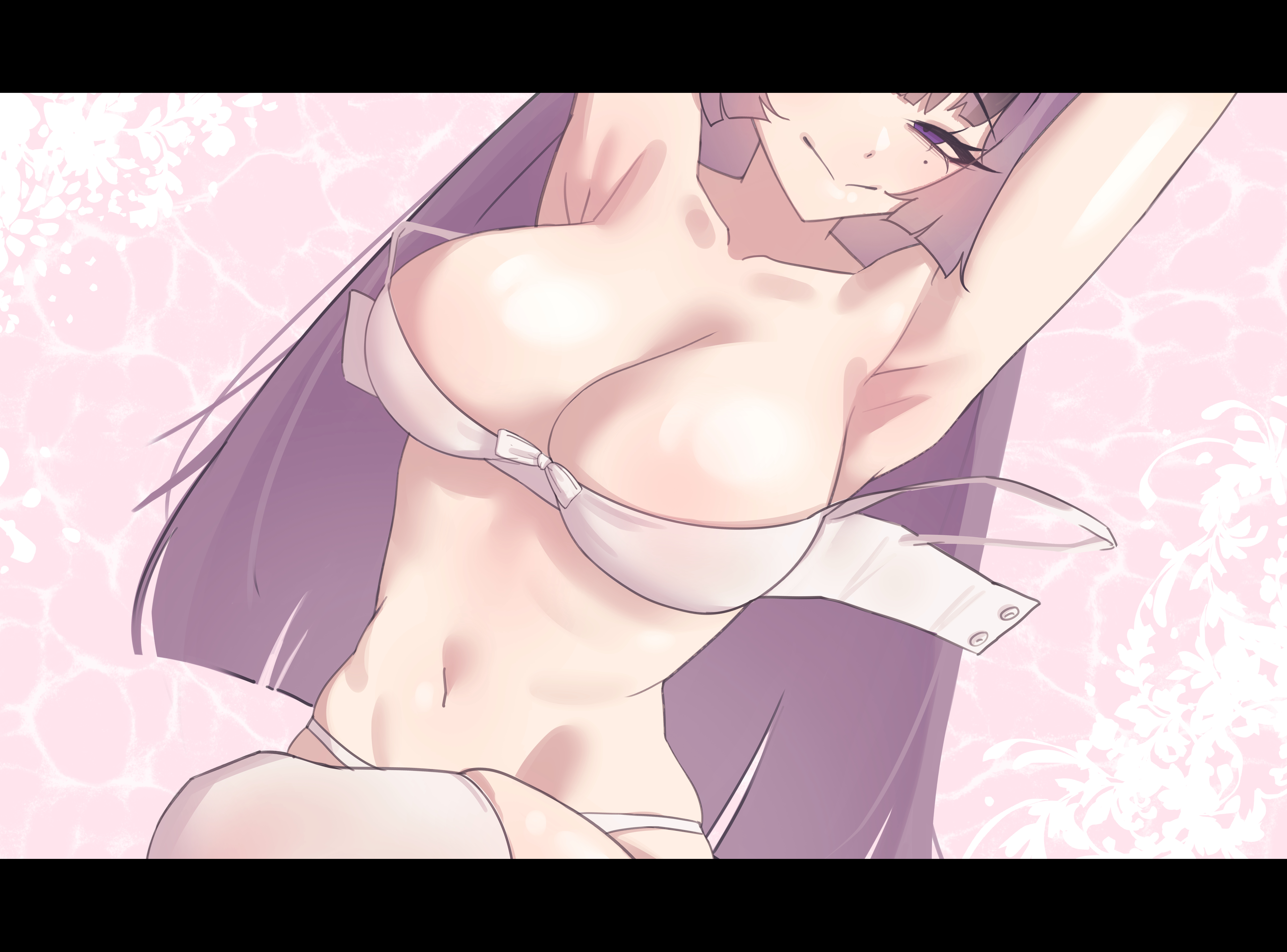 cchiii, jien (nikke), goddess of victory: nikke, absurdres, commentary request, highres, korean commentary, 1girl, armpits, arms up, bra, breasts, cleavage, large breasts, long hair, mole, mole under eye, navel, panties, purple eyes, purple hair, smile, solo, strap slip, thighhighs, underwear, underwear only, white bra, white panties, white thighhighs