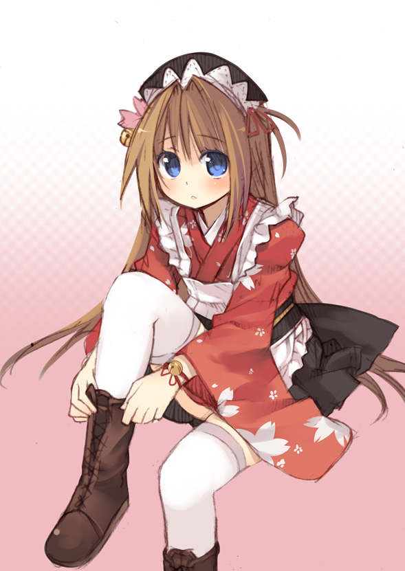 kashiwamochi yomogi, nao (otosuki), otoko no ko wa meido fuku ga osuki!?, 1boy, apron, bell, blue eyes, blush, boots, brown hair, crossdressing, crossdressing (mtf), dressing, hat, japanese clothes, kimono, long hair, maid, maid apron, male focus, male maid, sitting, solo, thighhighs, trap, wa maid