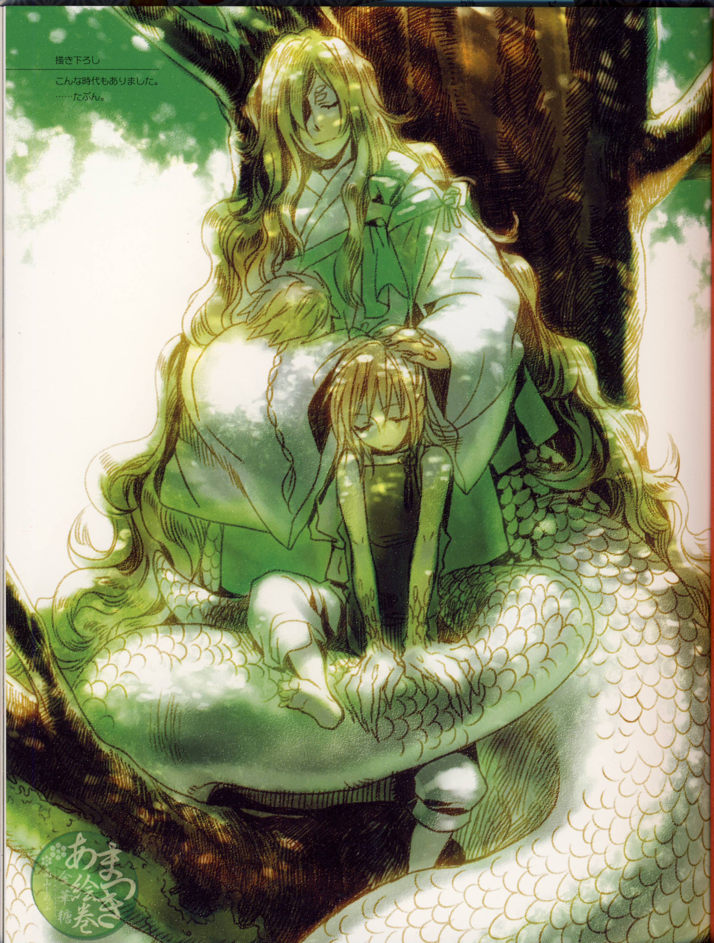 takayama shinobu, bonten (character), byakuroku, byakuroku (character), tsuyukusa, amatsuki, absurdres, highres, scan, 00s, 3boys, claws, in tree, lamia boy, male focus, monster boy, multiple boys, sitting, sitting in tree, snake tail, tail, tree