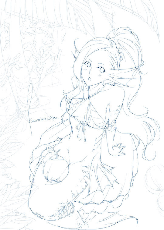 kyo (kuroichigo), 1girl, :o, arm support, bikini, blue theme, blush, bra, breasts, female focus, fins, from above, gills, head fins, leaf bikini, lingerie, long hair, looking at viewer, looking up, medium breasts, mermaid, monochrome, monster girl, ponytail, scales, shell, sitting, sketch, solo, tree, underwear, webbed hands