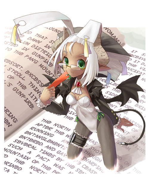 katahira masashi, original, animal ears, bat wings, book, glasses, green eyes, horns, pantyhose, pointy ears, rabbit ears, solo, tail, through medium, through page, white hair, wings