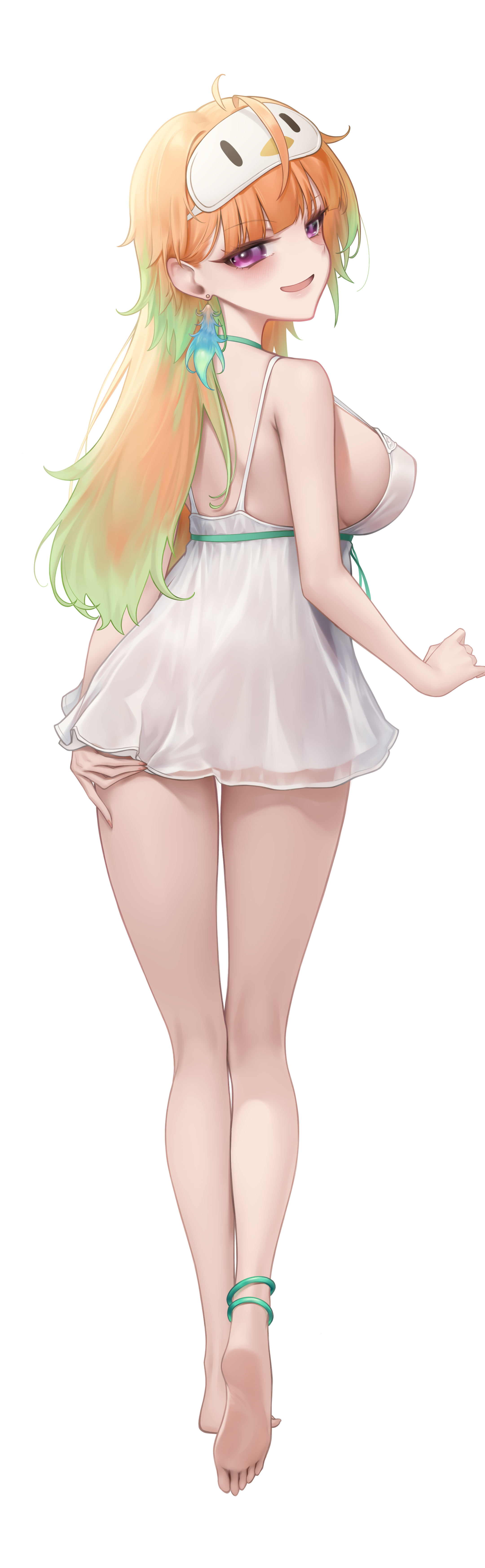 somebody (leiking00), takanashi kiara, hololive, hololive english, absurdres, commentary, english commentary, highres, paid reward available, 1girl, :d, ahoge, alternate costume, alternate hairstyle, barefoot, blunt bangs, breasts, choker, dress, earrings, eye mask, feather earrings, feathers, from behind, full body, gradient hair, green choker, green hair, jewelry, kneepits, large breasts, long hair, looking at viewer, mask, mask on head, multicolored hair, open mouth, orange hair, purple eyes, ribbon choker, short dress, sideboob, simple background, sleep mask, smile, soles, solo, spaghetti strap, toes, virtual youtuber, white background
