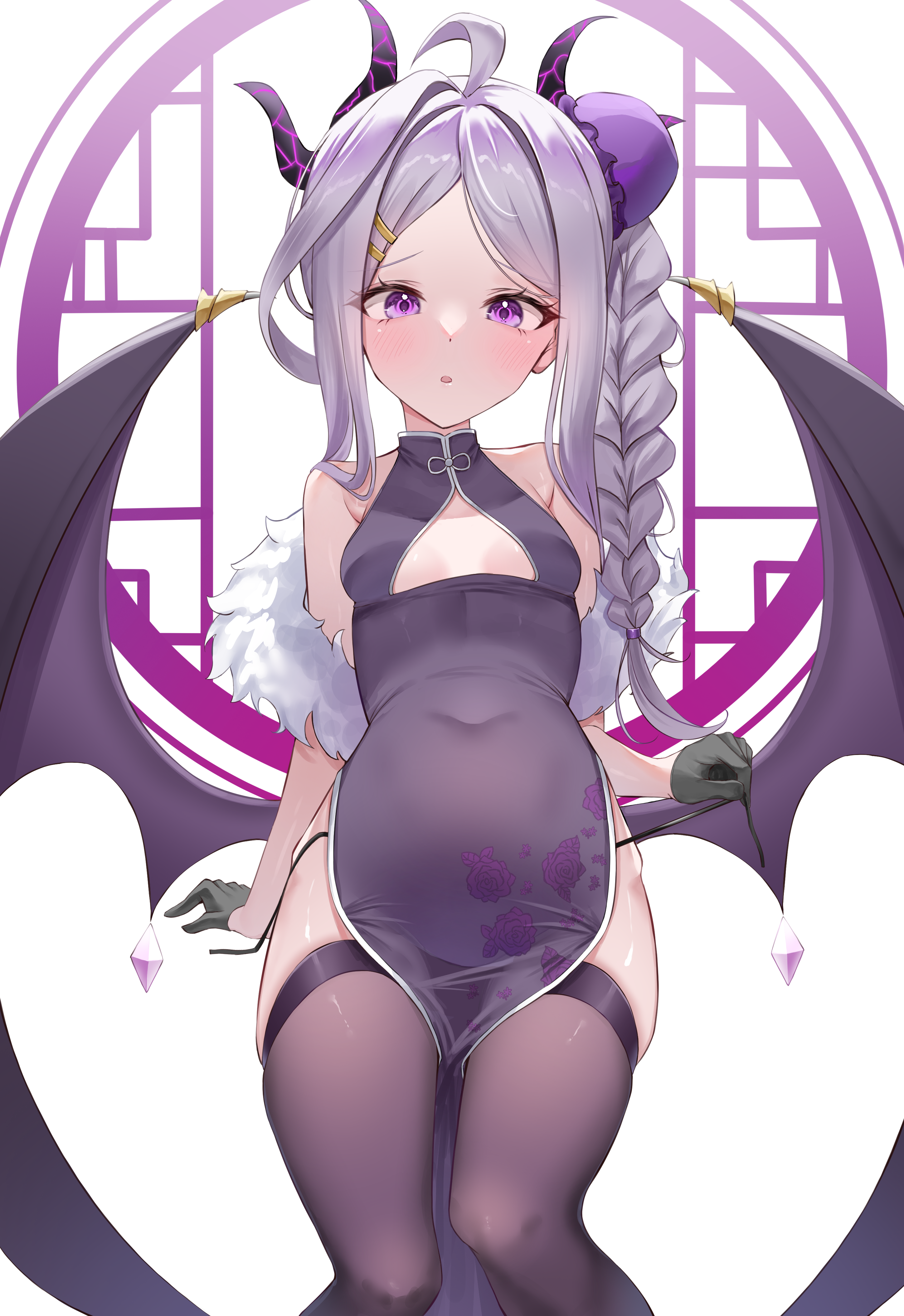 wfa5051, hina (blue archive), blue archive, absurdres, commentary, highres, 1girl, ahoge, alternate costume, alternate hairstyle, arm at side, bare shoulders, black gloves, black horns, black thighhighs, blush, braid, breasts, bun cover, china dress, chinese clothes, cleavage, cleavage cutout, clothing cutout, covered navel, demon girl, demon horns, demon wings, dress, eyelashes, feet out of frame, floral print, floral print dress, forehead, from below, gloves, hair bun, hair intakes, horns, long hair, looking at viewer, looking down, low wings, multiple horns, navel, panties, parted bangs, print dress, purple eyes, side-tie panties, side braid, simple background, single braid, single side bun, sitting, skindentation, sleeveless, sleeveless dress, small breasts, solo, thighhighs, underwear, white background, white hair, wings