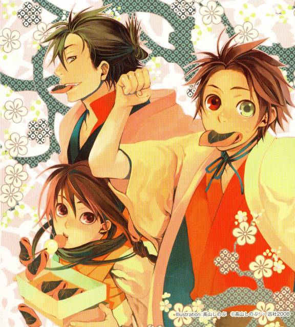 takayama shinobu, kuchiha, rikugou tokidoki, shinonome kon, amatsuki, scan, 00s, 1girl, 2boys, cookie, food, heterochromia, long hair, mouth hold, multiple boys, teeth