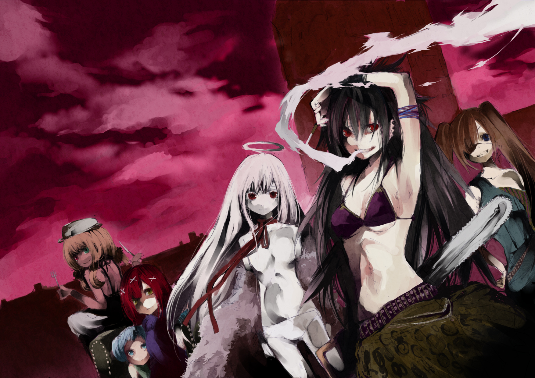 palmeros, original, highres, 6+girls, armpits, bikini, bikini top only, black hair, blonde hair, bottomless, brown hair, chainsaw, cigarette, eyepatch, flat chest, fork, halo, heterochromia, long hair, multiple girls, pale skin, panties, red eyes, red hair, smoke, smoking, swimsuit, twintails, underwear, white hair, white panties