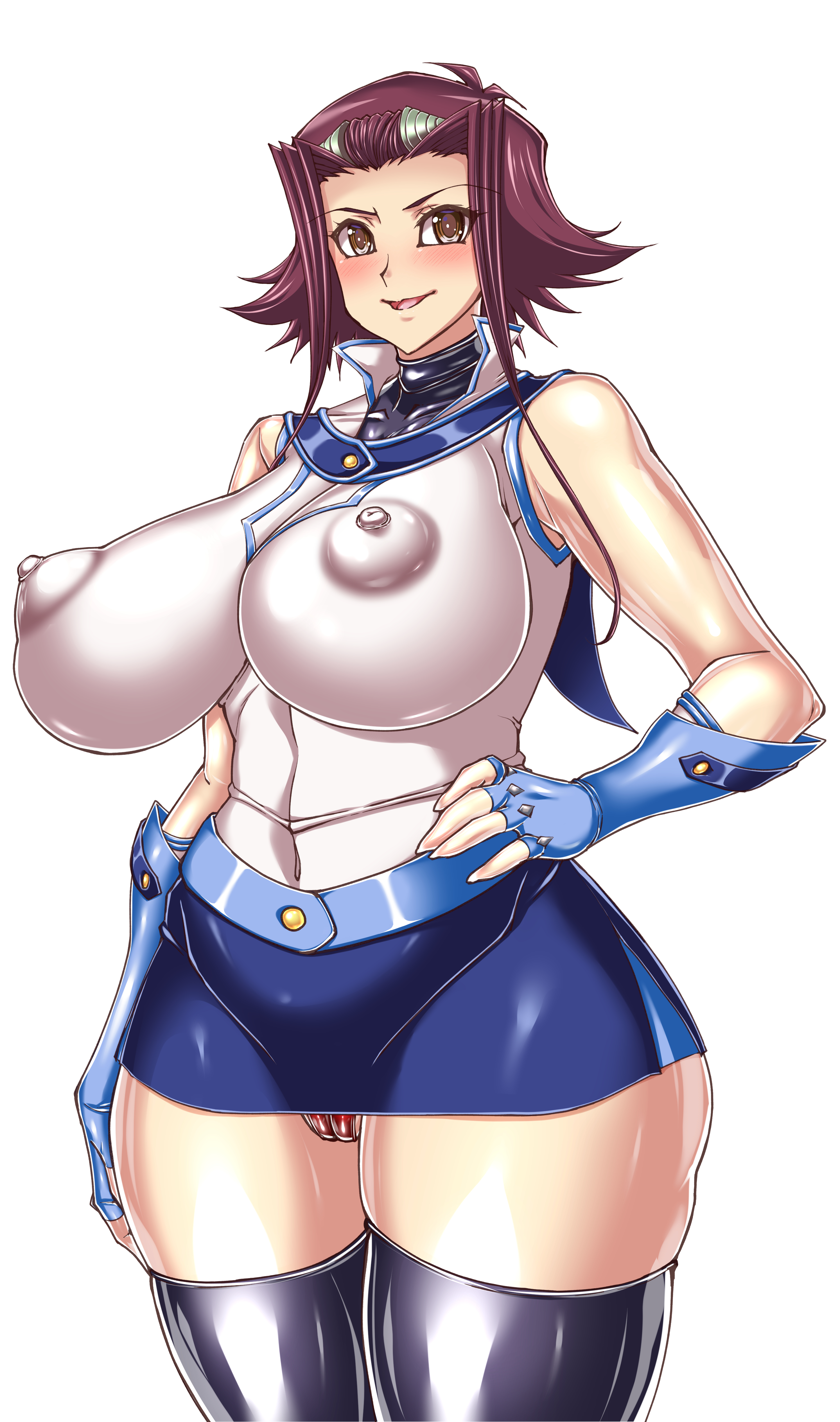 hajime shindo, izayoi aki, yu-gi-oh!, yu-gi-oh! 5d's, yu-gi-oh! gx, yuu-gi-ou, yuu-gi-ou 5d's, absurdres, highres, 1girl, alternate breast size (larger), alternate color, blush, boots, breasts, brown eyes, cameltoe, curvy, duel academy uniform (yu-gi-oh! gx), female focus, fingerless gloves, gloves, hair intakes, hair ornament, hand on own hip, large breasts, looking at viewer, medium hair, miniskirt, obelisk blue uniform, partially visible vulva, red hair, shiny skin, skirt, smile, solo, standing, sweat, thigh boots, thighhighs, underwear