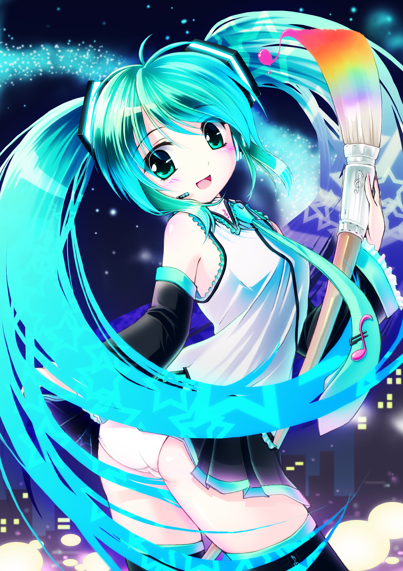 hinasaki you, hatsune miku, miracle paint (vocaloid), vocaloid, highres, 1girl, aqua eyes, aqua hair, art brush, colorful, detached sleeves, female focus, giant brush, long hair, microphone, musical note, necktie, paintbrush, panties, skirt, solo, thighhighs, twintails, underwear, very long hair