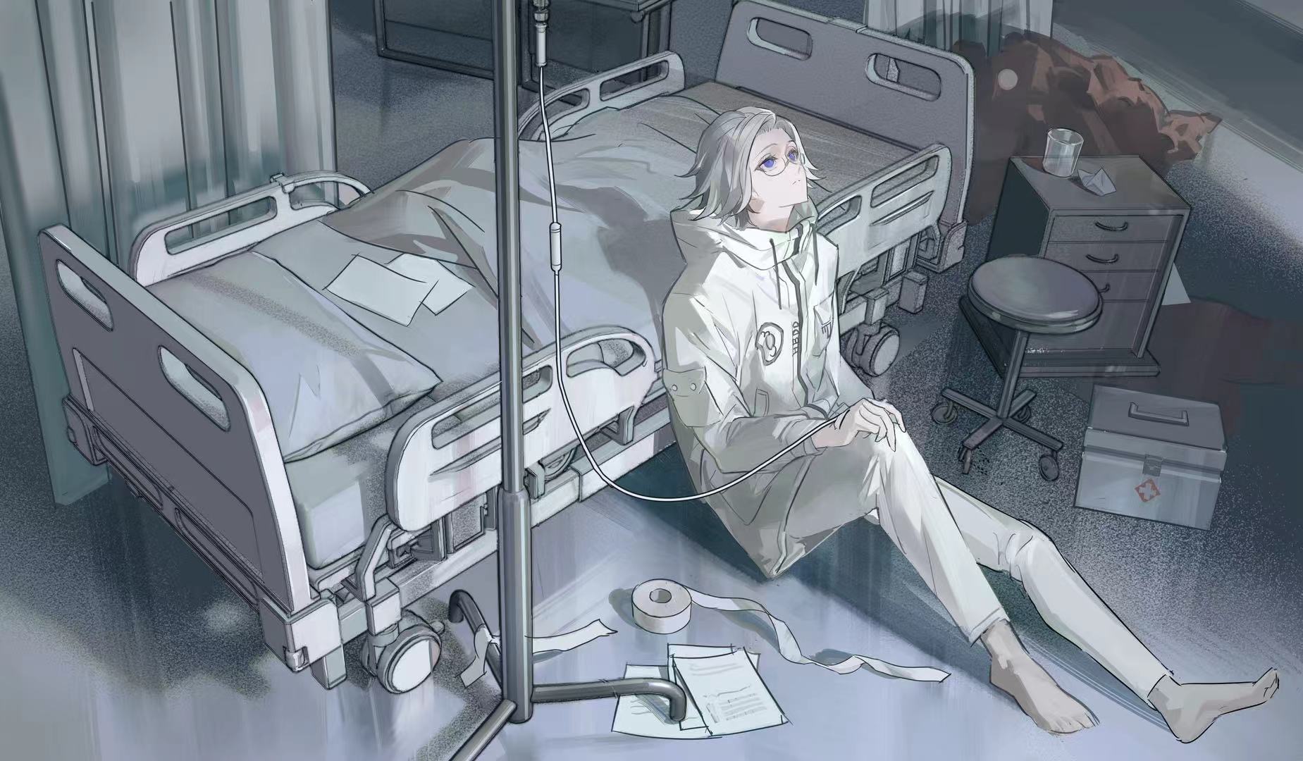 aotsuki eito, the hundred line -last defense academy-, chinese commentary, commentary, highres, 1boy, bandages, barefoot, bed, chest of drawers, cup, curtains, first aid kit, glasses, grey hair, hospital, hospital bed, indoors, intravenous drip, iv stand, jacket, lignedefuite54001, looking up, male focus, no gloves, purple eyes, short hair, sitting, solo, stool, white jacket