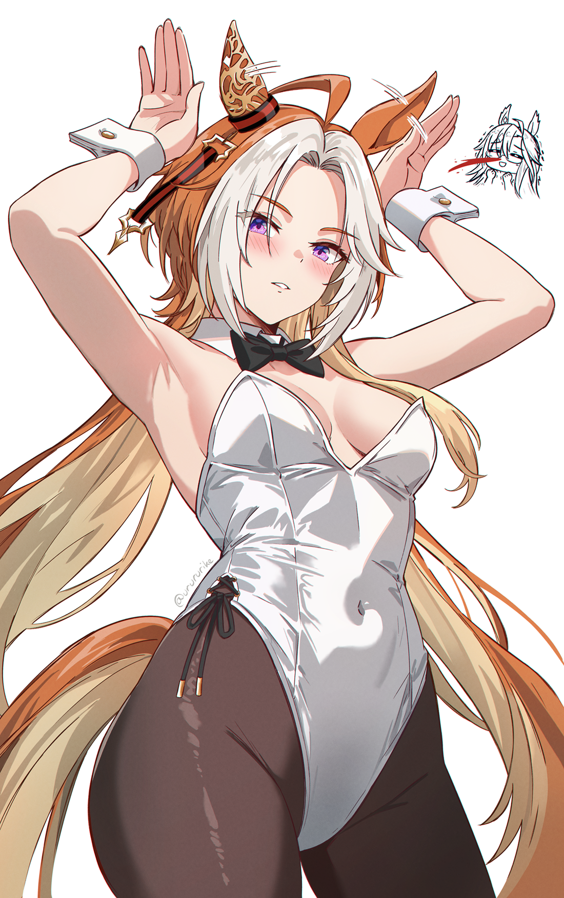 dream journey (umamusume), orfevre (umamusume), umamusume, highres, 2girls, ahoge, alternate costume, animal ears, armpits, blood, bow, bowtie, breasts, brown pantyhose, covered navel, detached collar, ear covers, ear ornament, horse ears, horse girl, horse tail, leotard, long hair, medium breasts, multicolored hair, multicolored tail, multiple girls, nontraditional playboy bunny, nosebleed, orange hair, pantyhose, purple eyes, siblings, single ear cover, sisters, strapless, strapless leotard, tail, urururike, white background, white hair, white leotard, wrist cuffs