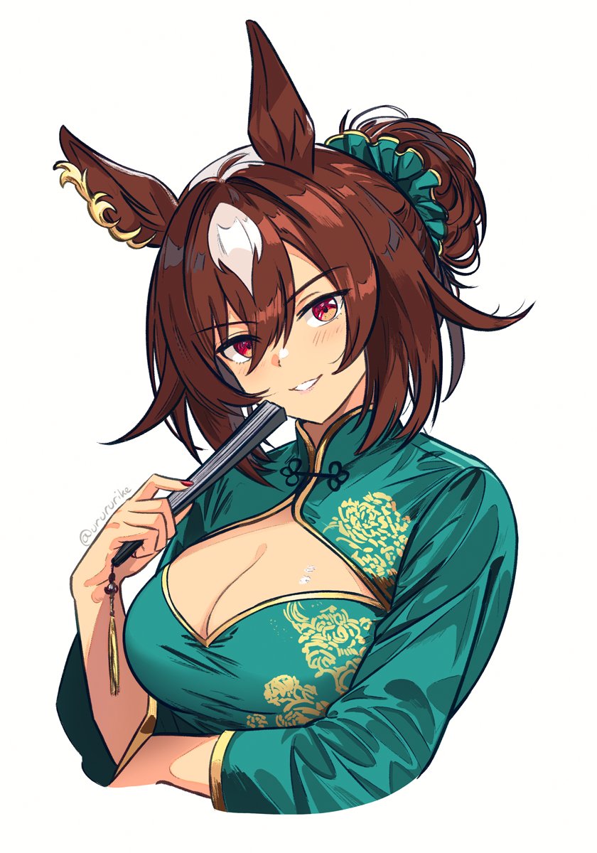 sirius symboli (umamusume), umamusume, commentary request, highres, 1girl, alternate costume, alternate hairstyle, animal ears, aqua dress, breasts, brown hair, china dress, chinese clothes, cleavage, cleavage cutout, clothing cutout, dress, hand fan, holding, holding fan, horse ears, horse girl, large breasts, simple background, smile, solo, upper body, urururike, white background