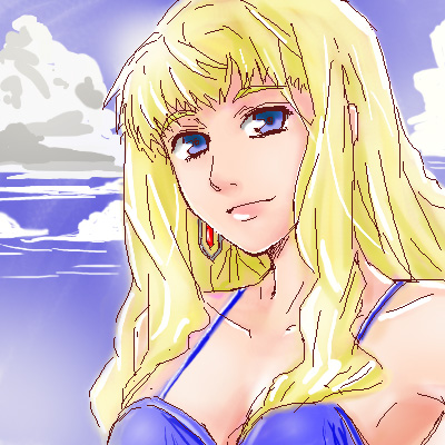 sheryl nome, macross, macross frontier, lowres, 00s, bikini, blonde hair, blue eyes, day, earrings, jewelry, long hair, oekaki, solo, swimsuit