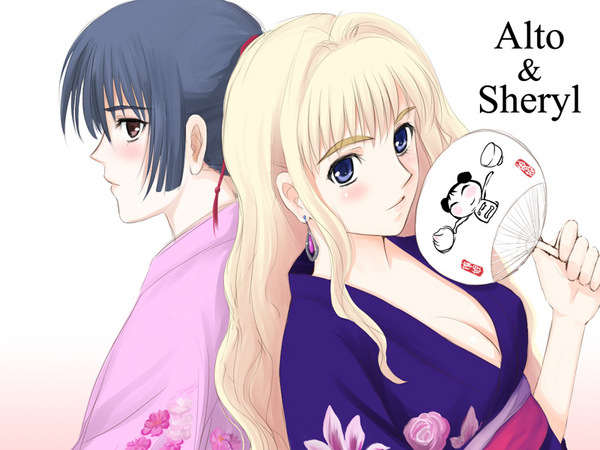 saotome alto, sheryl nome, macross, macross frontier, 00s, 1boy, 1girl, blonde hair, blue eyes, earrings, gradient background, jewelry, long hair