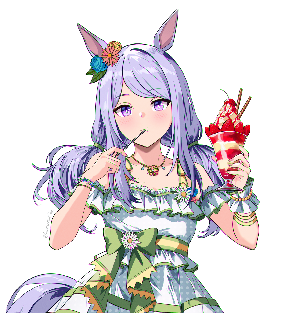 mejiro mcqueen (ripple fairlady) (umamusume), mejiro mcqueen (umamusume), umamusume, commentary request, highres, 1girl, animal ears, collarbone, eating, horse ears, horse girl, horse tail, looking at viewer, official alternate costume, official alternate hairstyle, purple eyes, purple hair, sidelocks, solo, tail, twitter username, urururike, white background